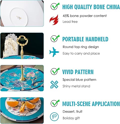 Miniatura 5 de ACMLIFE Soporte de porcelana para tartas de cerámica con platos de postre azules de 2 niveles, bandeja de torre de exhibición de aperitivos, postres