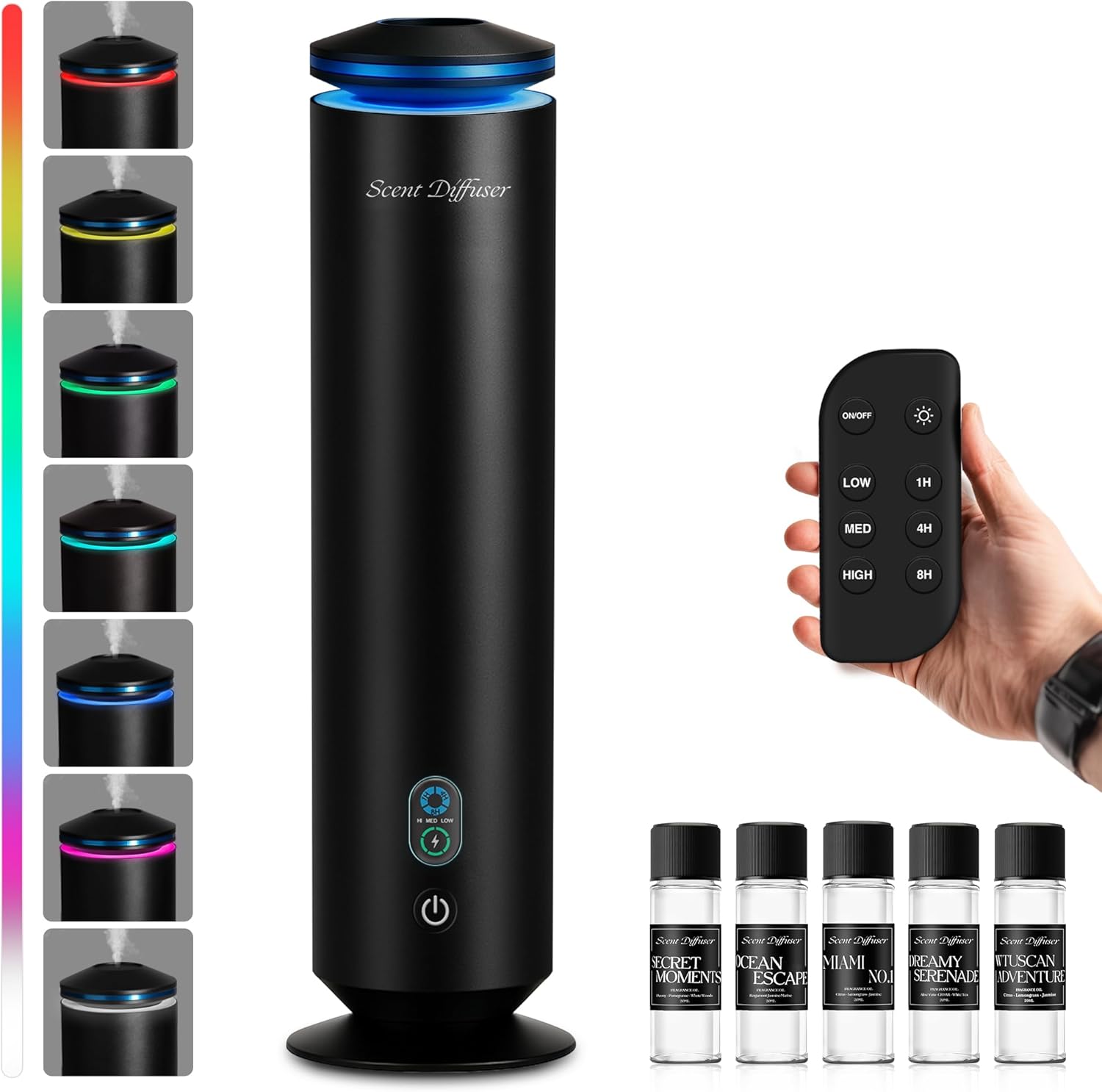 Waterless Scent Diffuser Starter Kit – 1500 Sq Ft Coverage, Scent Diffuser for Home, Hotel, Studio, Essential Oil Diffuser Large Room, 7 Mood Lights Setting, 5 Essential Oils Included, Black, 11.50In