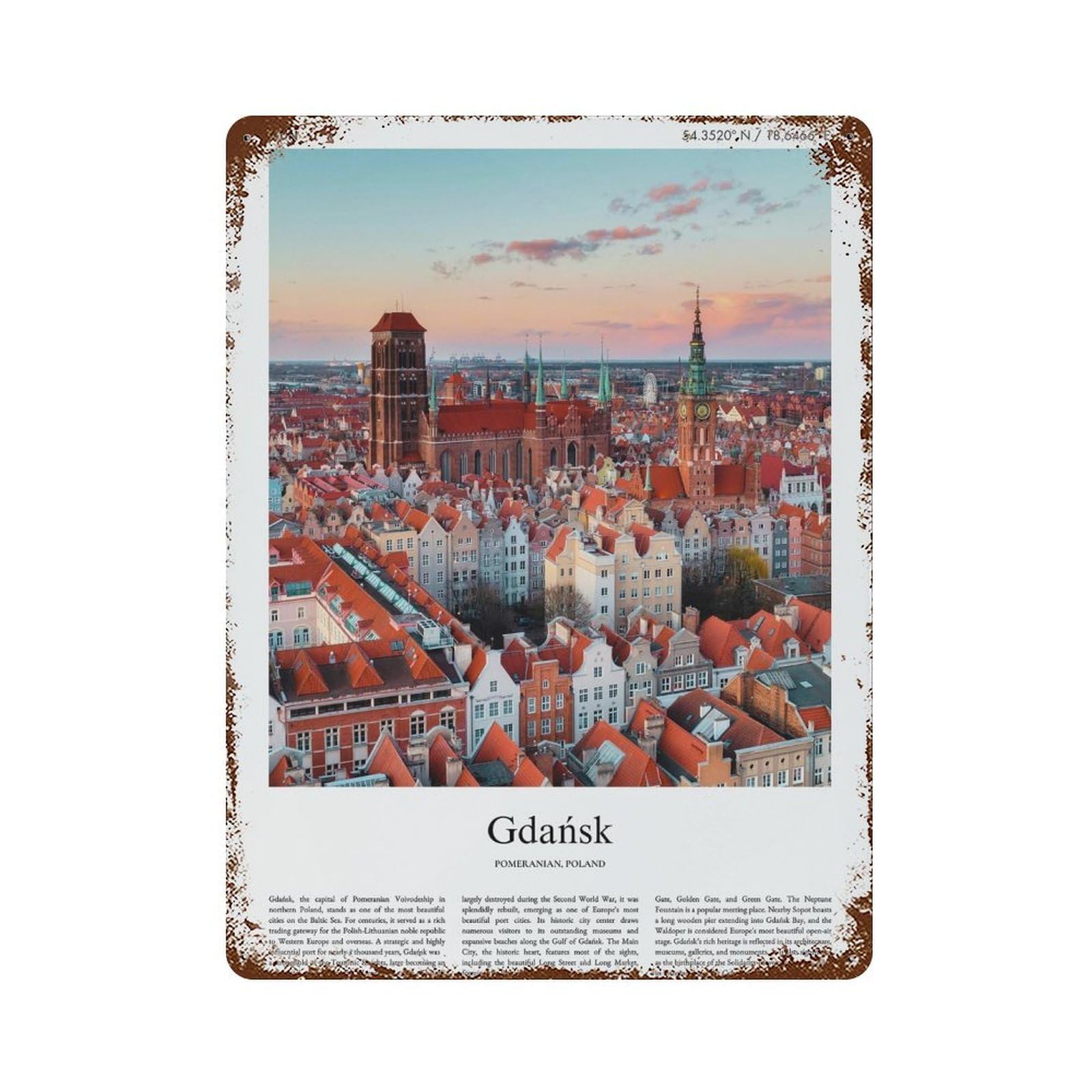 xiaoxiaoshen Gdańsk Pomeranian, Poland City Scenery Wall Decor Art Metal Tin Poster Modern Home Decor Art Home Bar Shop Decorations Vintage Sign 40x30cm