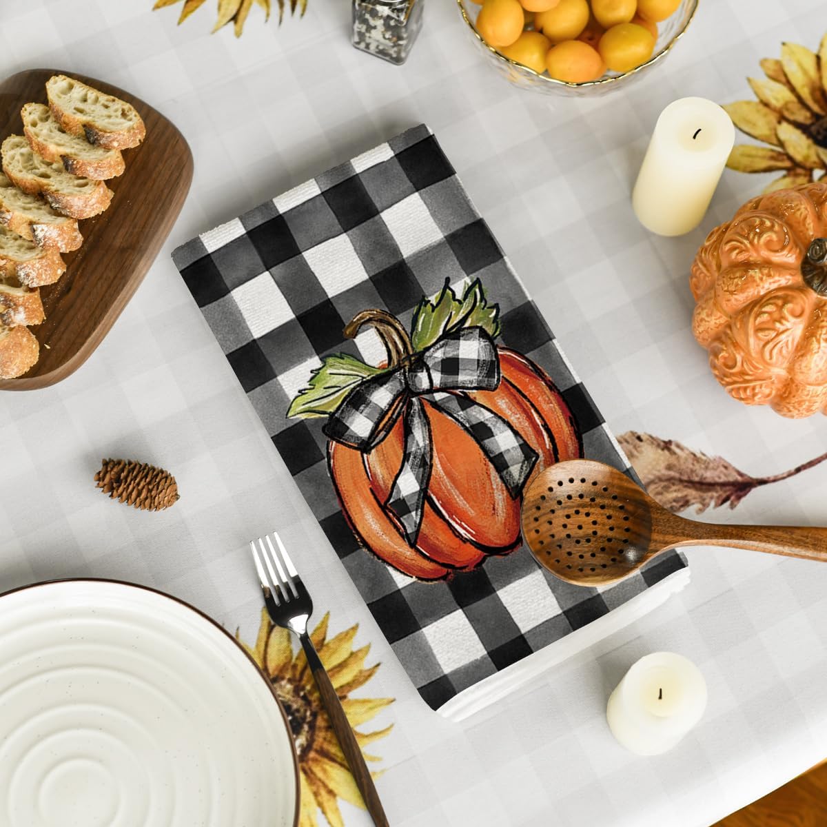 Artoid Mode Pumpkin Buffalo Check Fall Kitchen Towels Set of 2 18x26 Inch