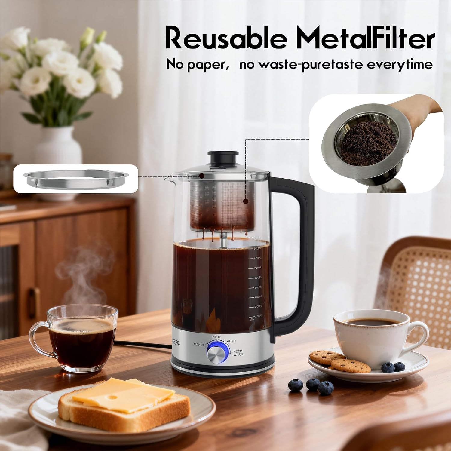 PULZO Percolator Coffee Pot Electric, Electric Coffee Percolator with Auto Keep Warm, Stainless Steel Basket, Borosilicate Glass, Separate heating base