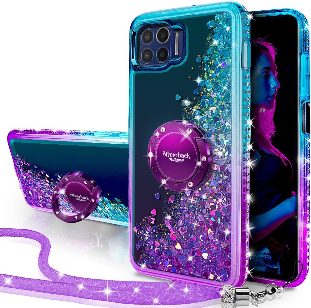 Silverback Moto One 5G Case, Moto G 5G Plus Case, Moto One Lite Case, Moving Liquid Holographic Glitter Case with Kickstand, Bling Ring Stand Slim Motorola Moto One 5G UW Case for Girls Women -Purple