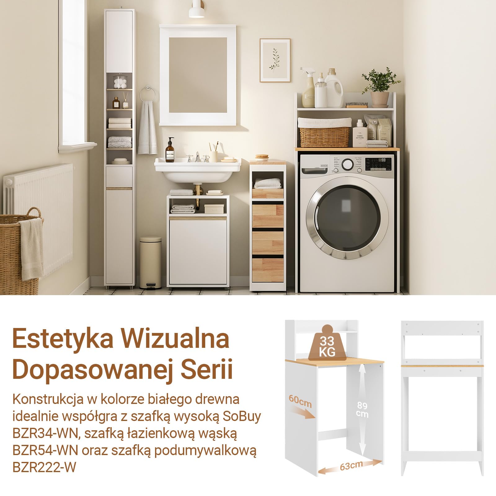 SoBuy Mebel do Pralki z Półką 66x60x127cm do Pralni i Łazienki