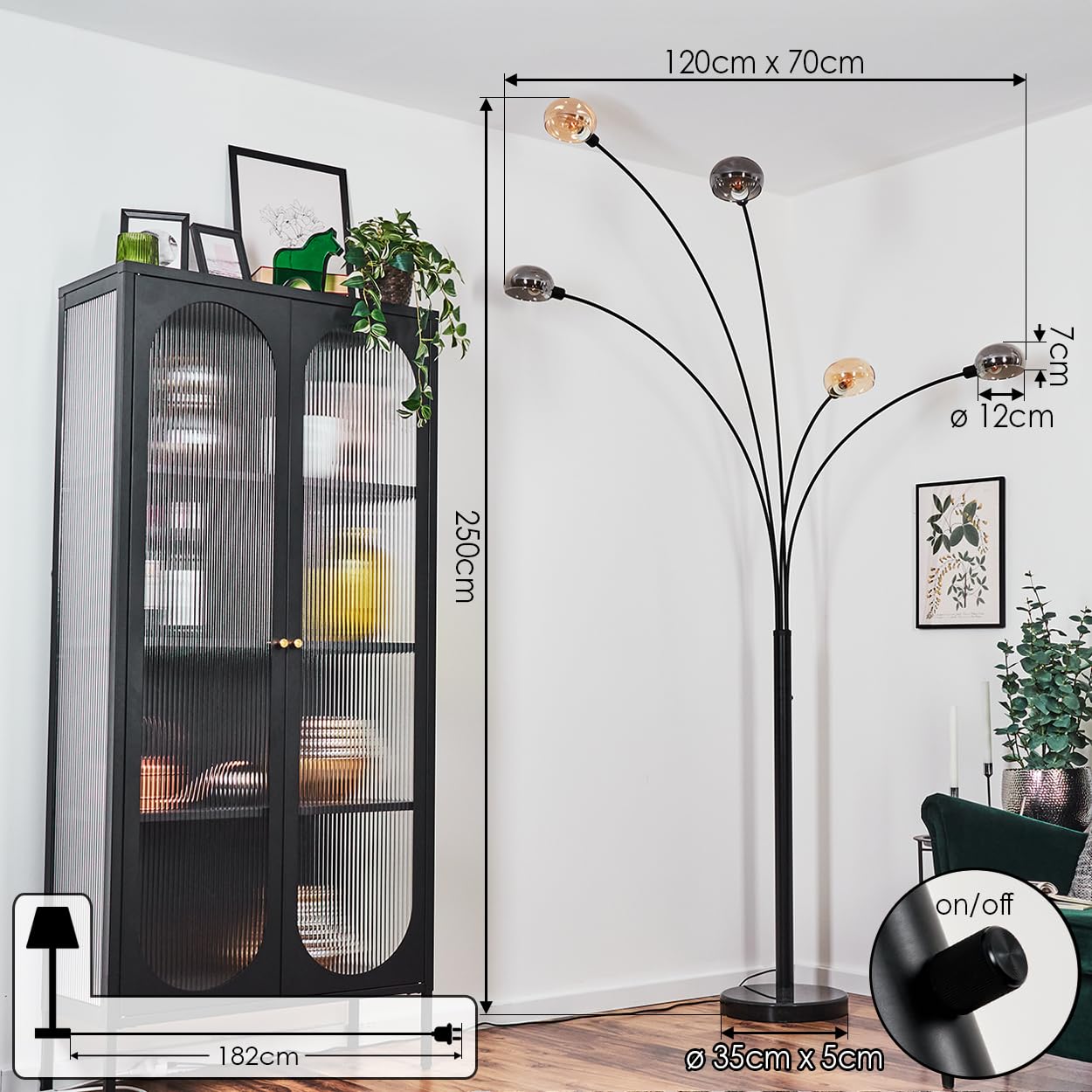 HOFSTEIN Lampadaire Nikkala, lampadaire en métal noir/gris fumé/ambre avec pied en marbre, lampe réglable au design vintage, interrupteur sur le boîtier, 250 cm, E14, salon, chambre à coucher, bureau