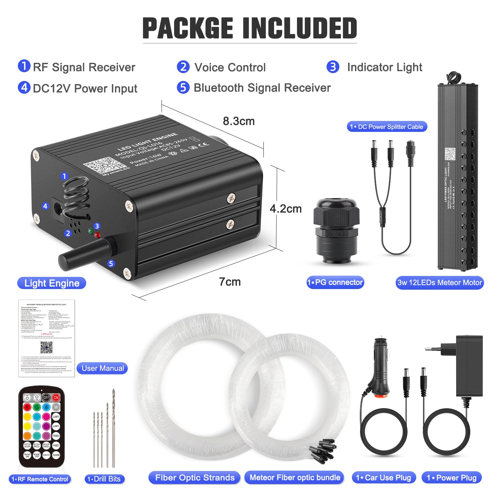 16W RGBW Fibre Optique Lumineuse, 400pcs (0.75+1.0+1.5mm)*3m LED Bluetooth/Télécommande, Ciel Étoile + Kit Éclairage Étoile Filante Voiture