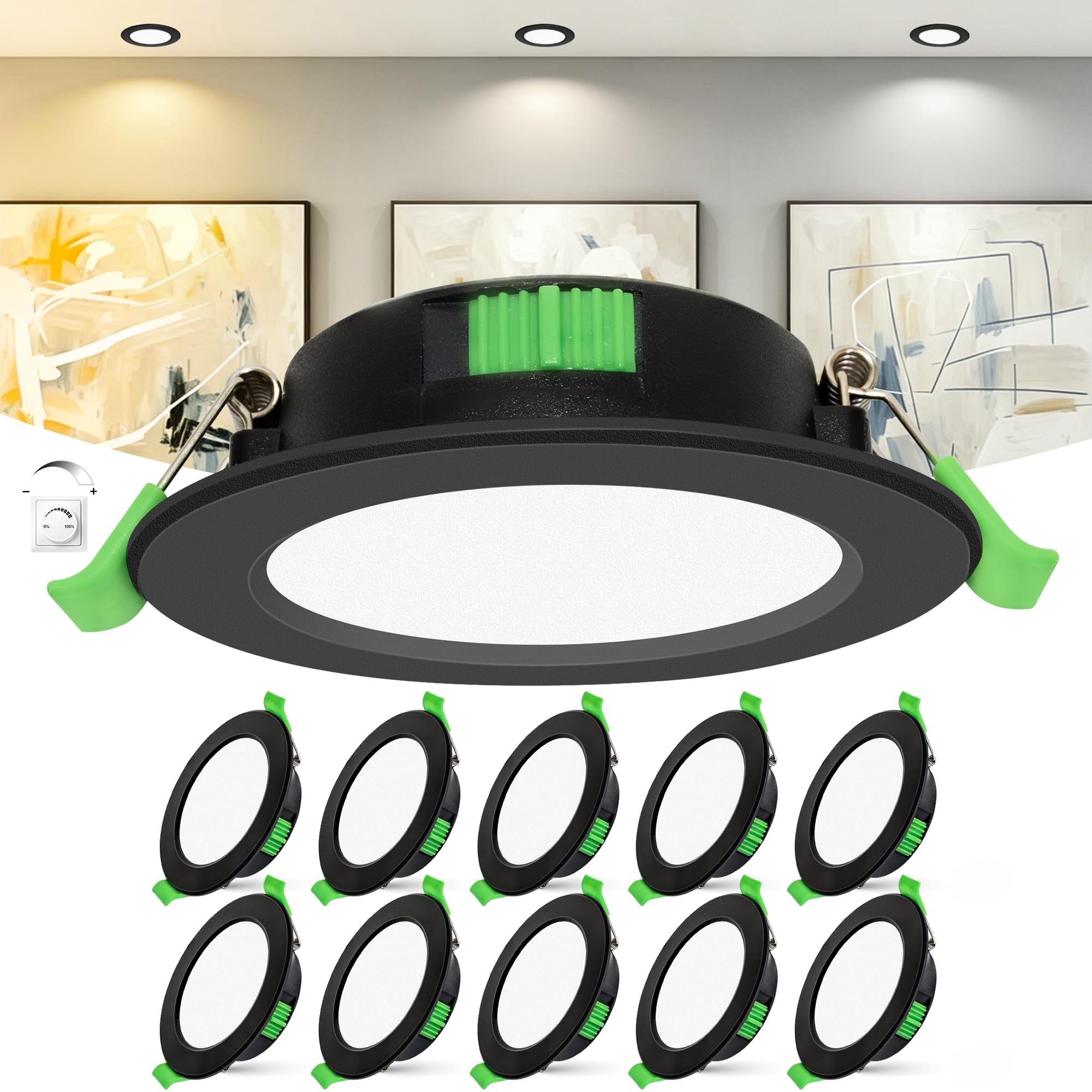 LED Einbaustrahler 230V Dimmbar 10er Set, 55–68 mm Lochmaß, 0–100% stufenlos dimmbar, Ultra Flach 25 mm, 6W, 2700K/4000K/6500K Einbauspots, IP44 LED Spots für Bad, Küche, Wohnzimmer, Schwarz