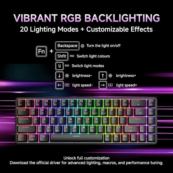 DIERYA DK68 Wireless Mechanical Keyboard, 60% Gaming Keyboard with Red Switch, Triple Mode 2.4GHz/USB-C/BT5.0, RGB Backlit, Anti-Ghosting Keys, 68 Keys Portable Mini Wired Office Keyboard-Black
