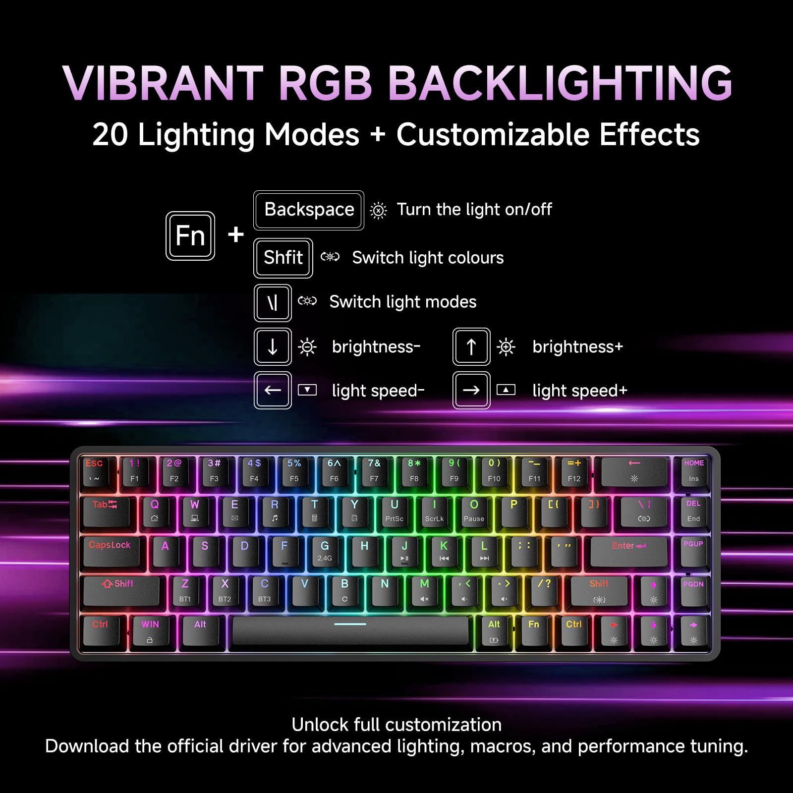 Dierya DK68 Tastiera Gaming Wireless,60% Tastiera Meccanica Bluetooth/2.4G/USB-C RGB,Interruttore Rosso,Double-Shot ABS Keycaps Compatibile con Win/Mac,Nero(Layout US,QWERTY)