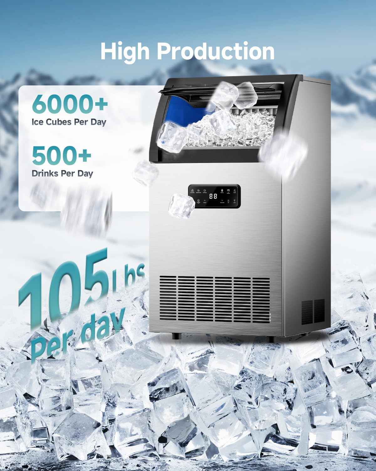 EUHOMY Commercial Ice Maker,105lbs/24H,Stainless Steel Under Counter Ice Machine with Water Filter,33lbs Storage Capacity, 45 Cubes in 8-12 Mins, Freestanding Ice Machine for Home/Bar/Cafe/Restaurant