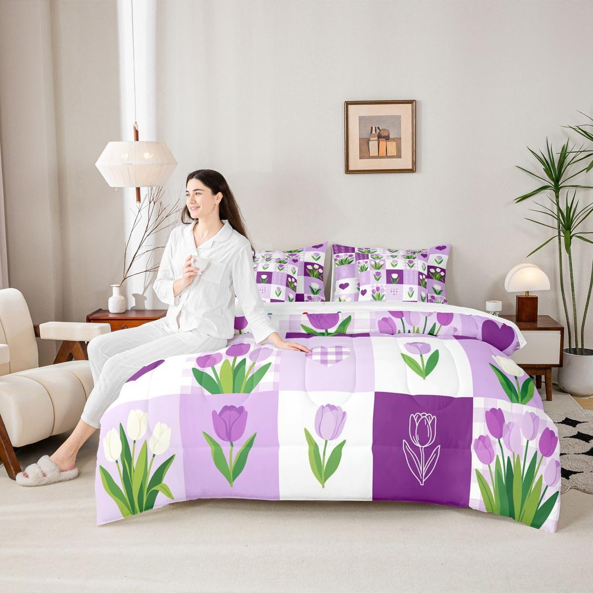 Purple Bowknot Comforter Set 7 Pieces Full,Girly Bedroom Gift 3D Watercolor Bow Bedding Set,Romantic Bowknot Kids Bedroom Gift (Comforter+Fitted+Flat Sheet+2 Pillowcases+2 Throw Pillow Covers)