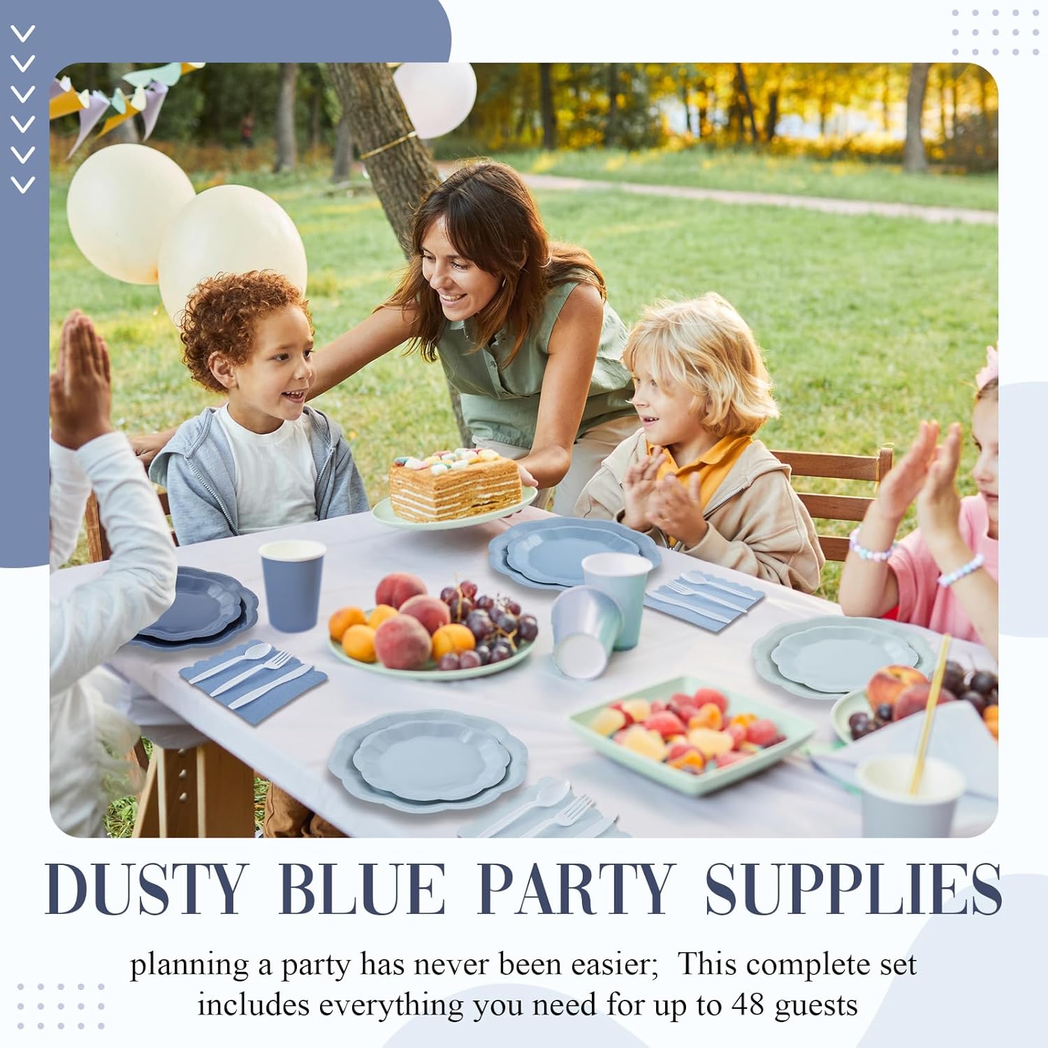 336 Pcs Dusty Blue Gradient Disposable Dinnerware Sets for 48 Guests, Blue Party Supplies Include Paper Plates, Cups, Napkins and Plastic Cutlery for Wedding, Birthday, Baby Shower Party