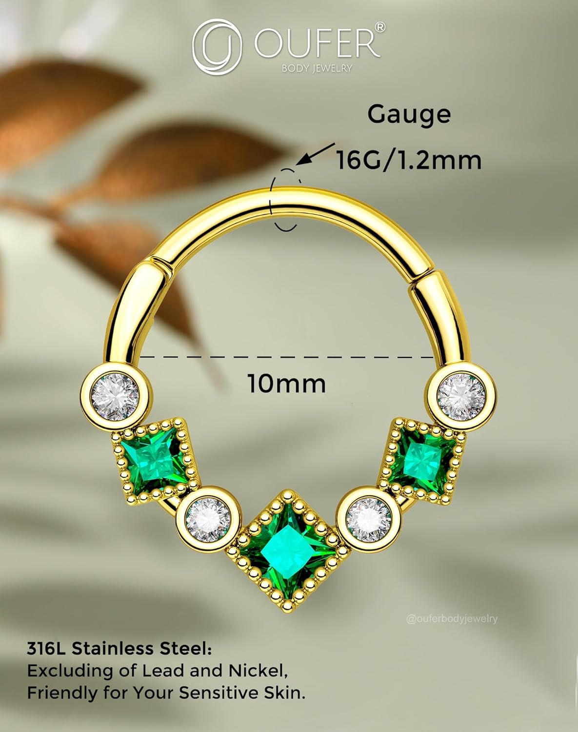 OUFER Gold Septum Ring, 16G Green CZ Septum Piercing Jewelry, 316L Surgical Steel Septum Jewelry, Hinged Segment Daith Helix Cartilage Earrings For Women - Image 8