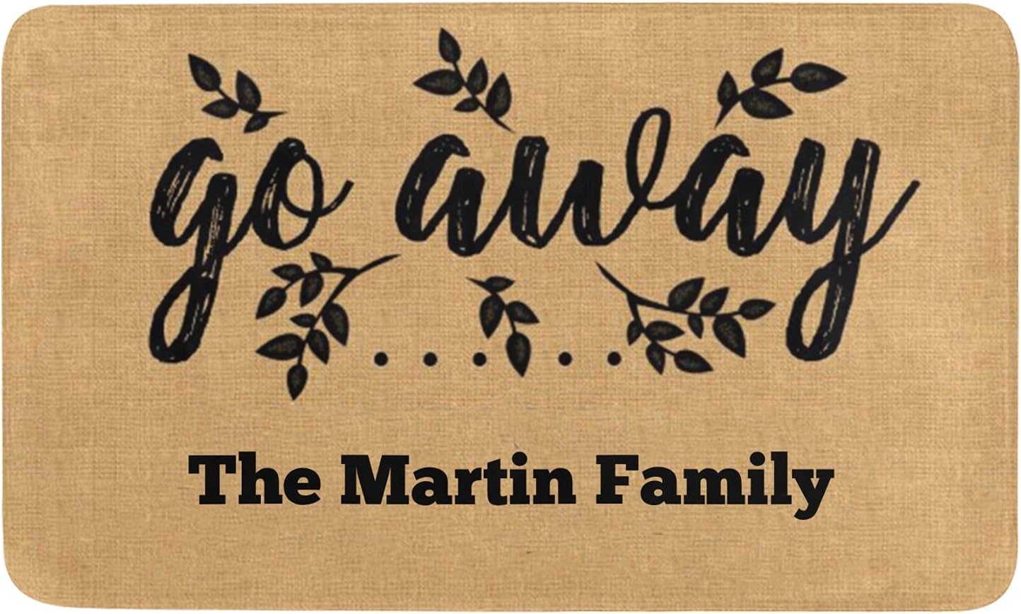 Go Away Burlap Leaf Personalized Doormat Text Name Custom Indoor Outdoor Pet Mat Entrance Rugs Home Decor Welcome Door Mats 30 x 18 Inch