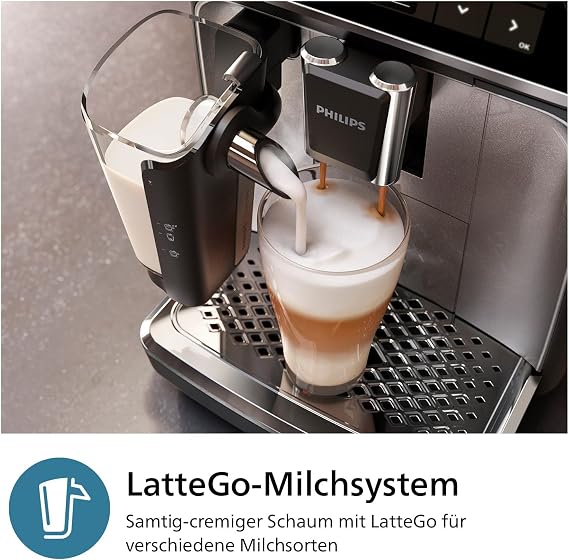 Philips LatteGo 3300 Series Fully Automatic Coffee Machine Chrome 6 Specialities Espresso Machine LatteGo Milk System Easy Cleaning SilentBrew Colour Touch Display Ceramic Grinder (EP3347/90)