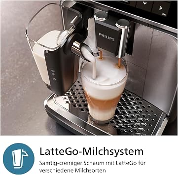 Philips LatteGo 3300 Series Fully Automatic Coffee Machine Chrome 6 Specialities Espresso Machine LatteGo Milk System Easy Cleaning SilentBrew Colour Touch Display Ceramic Grinder (EP3347/90)