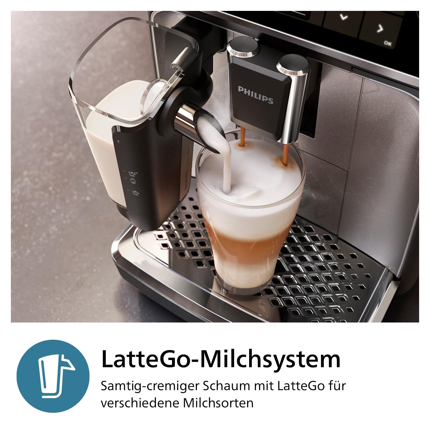 PHILIPS 3300 Series Kaffeevollautomat EP3347/90 mit LatteGo, SilentBrew, Keramikmahlwerk, AquaClean, Schwarzchrom