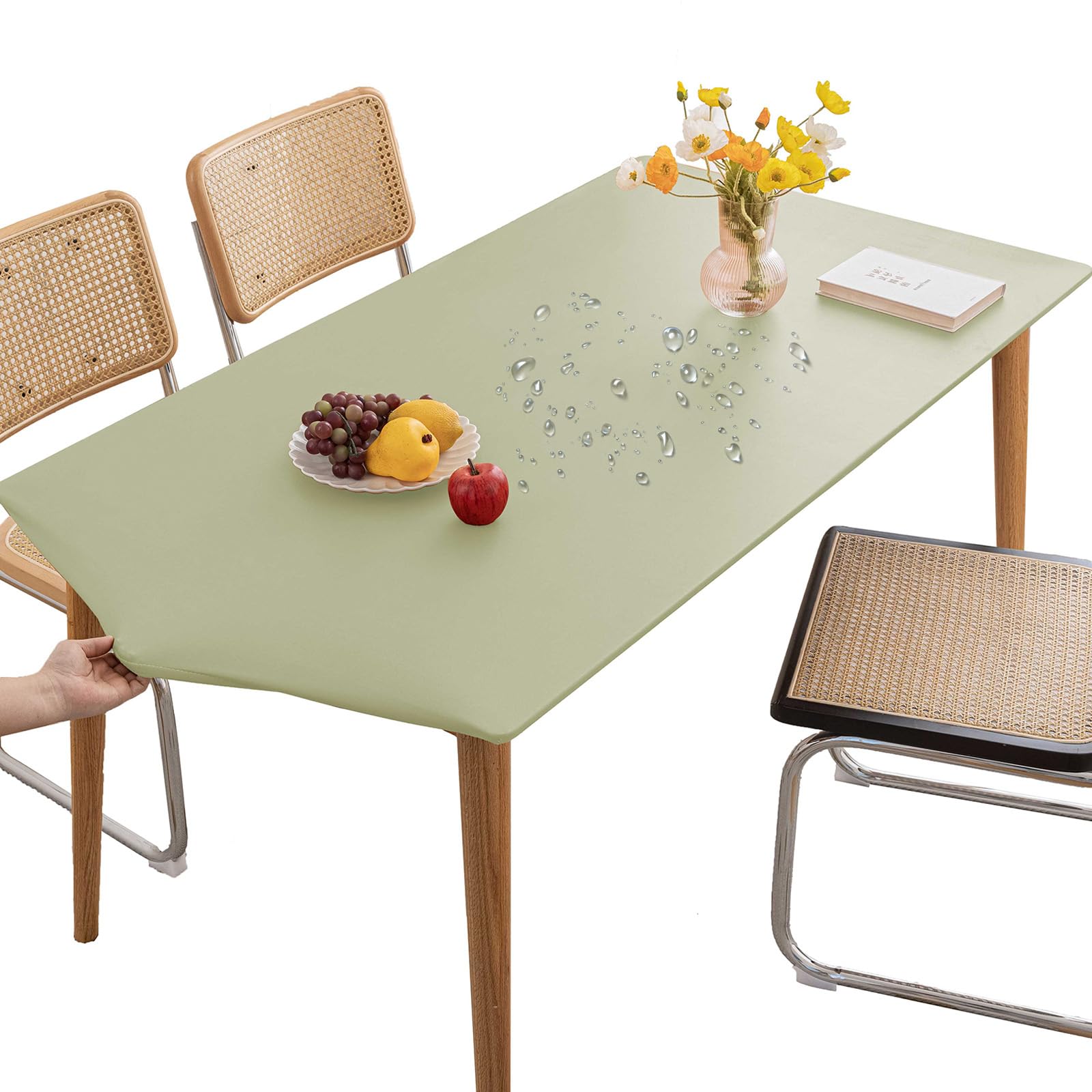 Thdsubb Tablecloth Leather Waterproof Tablecover Elastic Edged Fitted Table Protector Cover Wipeable for Home Picnic Party (Green,90x150cm)