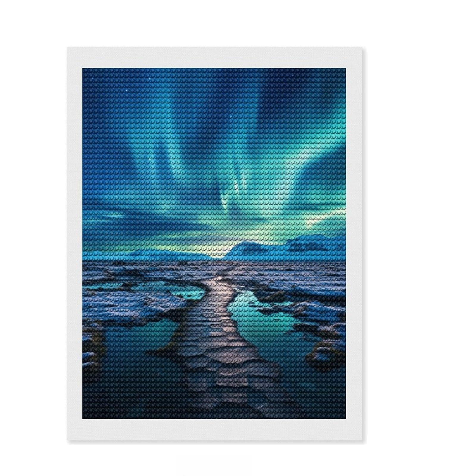 Junmoney Blue Northern Lights Lake Diamond Art Kit 12"x16", Boho Decor, Farmhouse Decor, Stress Relief Craft, Creative Gift Idea, Birthday Gift