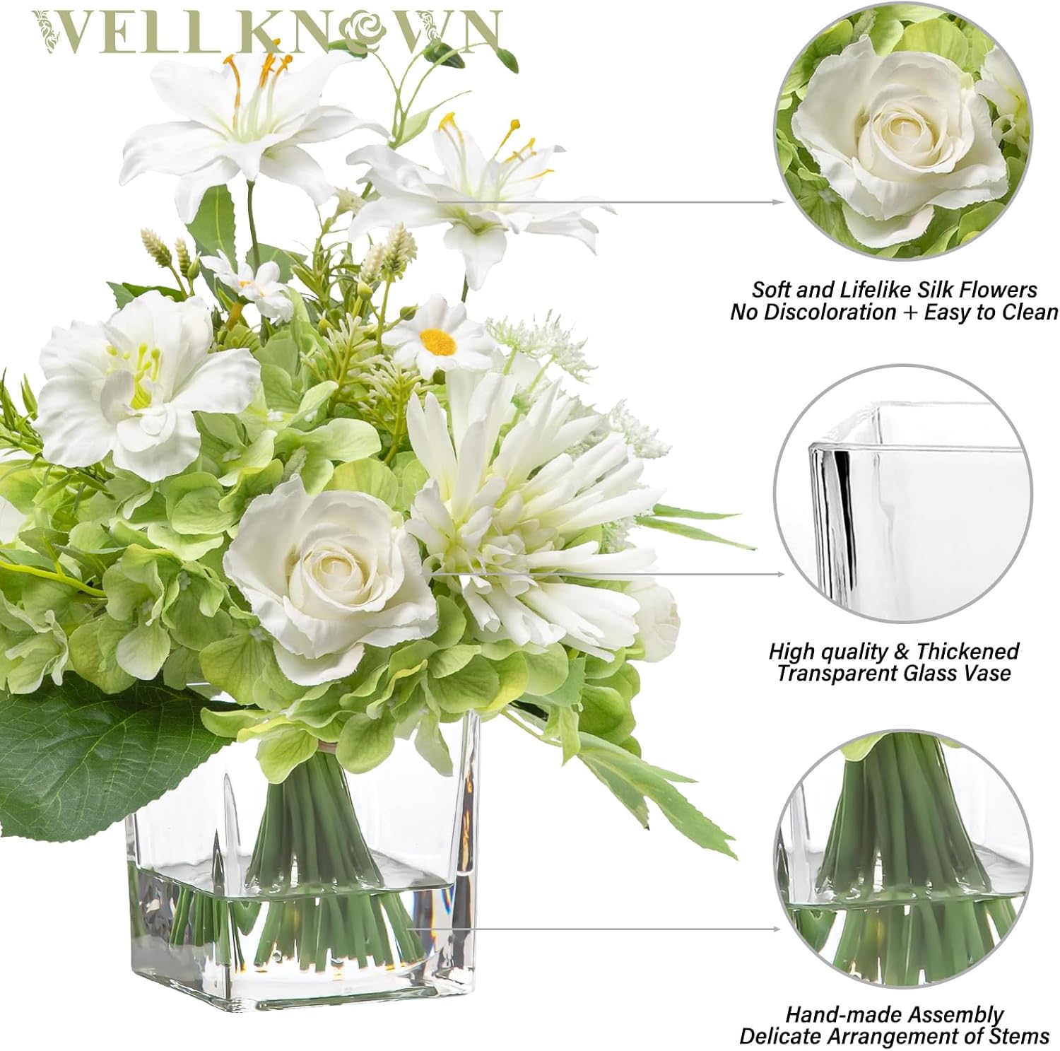Artificial Flowers in Vase with Fake Water, 12.5" Realistic Silk Rose Peony Lily Faux Floral Arrangements with Glass Vase for Office Home Dinning Table Birthday Party Wedding Decor - White & Green