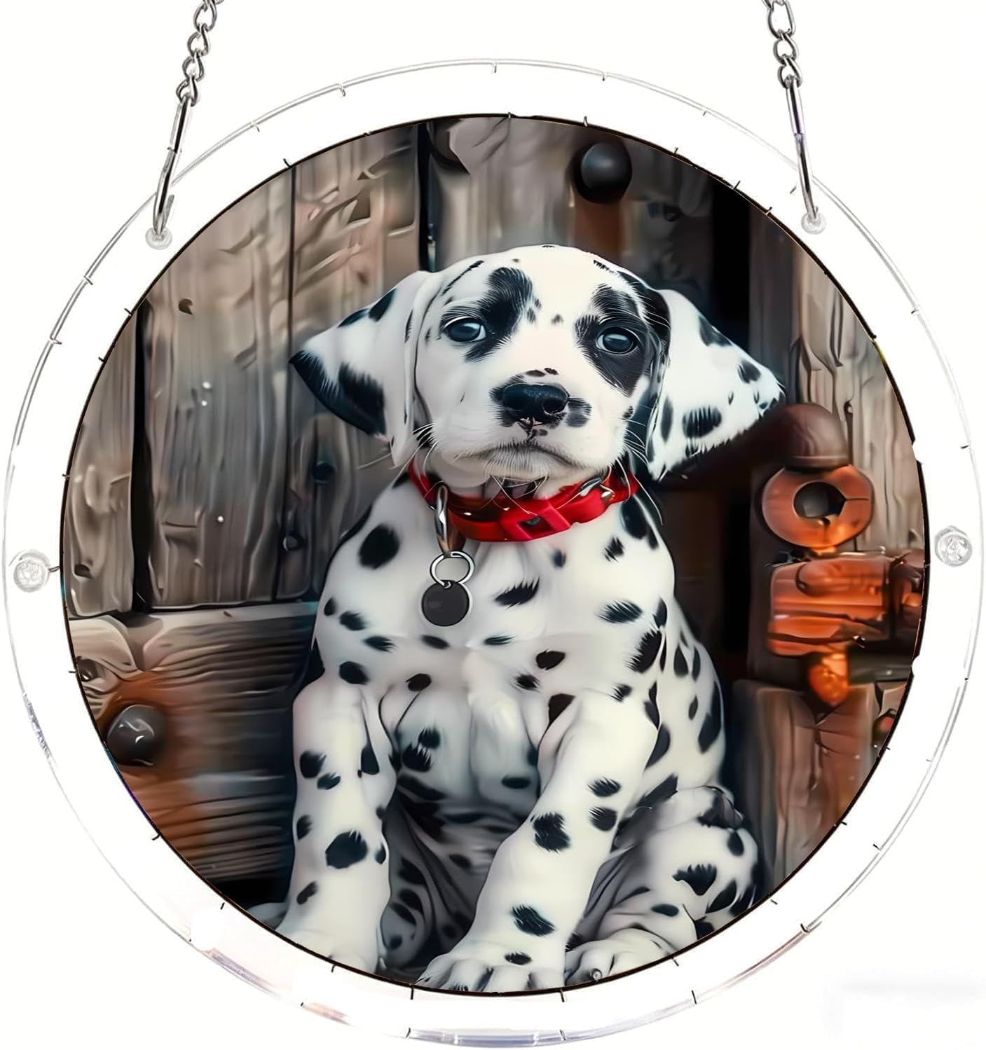 The Dog Sitting in Front of the Wooden Door Acrylic Jigsaw Puzzles Suncatcher, 8.2 Inch Window Hanging Suncatcher Acrylic Puzzle, DIY Home Decor Art Gift