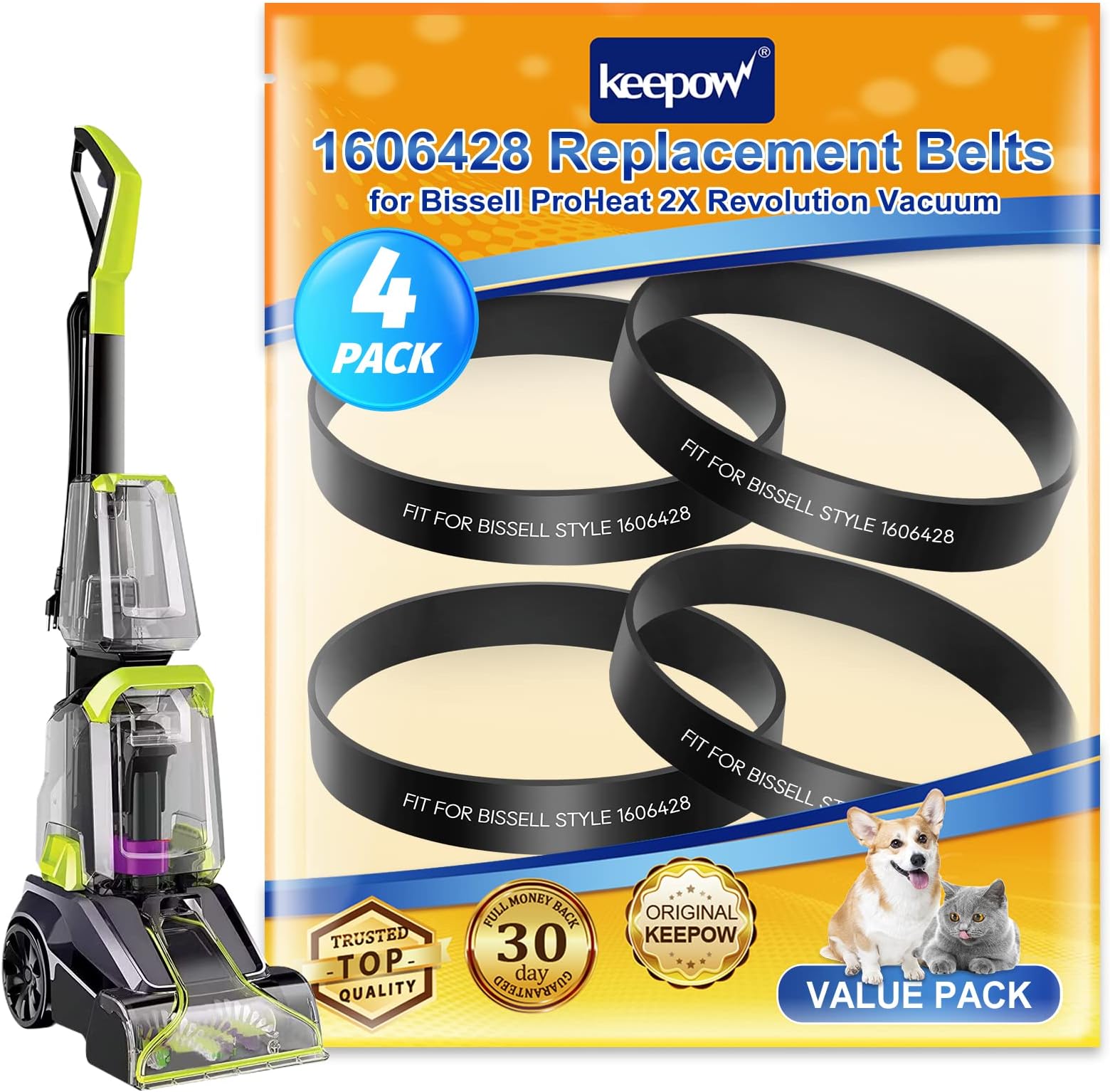 ProHeat 2X Revolution Belts Compatible with Bissell ProHeat 2X Revolution Pet Pro Carpet Vacuum Cleaner 1986, 2987, 1548F, 1550, 1551, 1964, 2007, 2007P, 4 Pack, Parts# 1606428