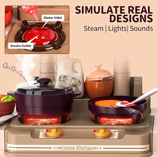 Miniatura 3 de UKBOO Juego de cocina para niños incluye accesorios de cocina de juguete comida para jugar juego de cocina para niños con sonidos de luz de humo