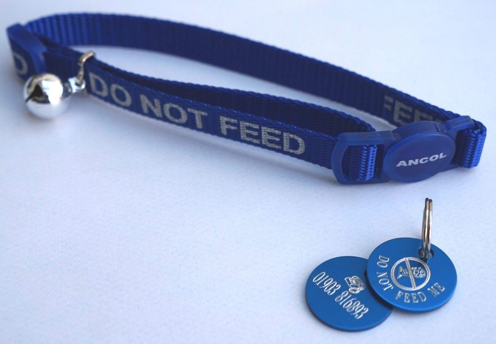 DO NOT FEED REFLECTIVE SAFETY CAT COLLAR BLUE & PERSONALISED TAG WITH CAT FOOD BOWL MOTIF