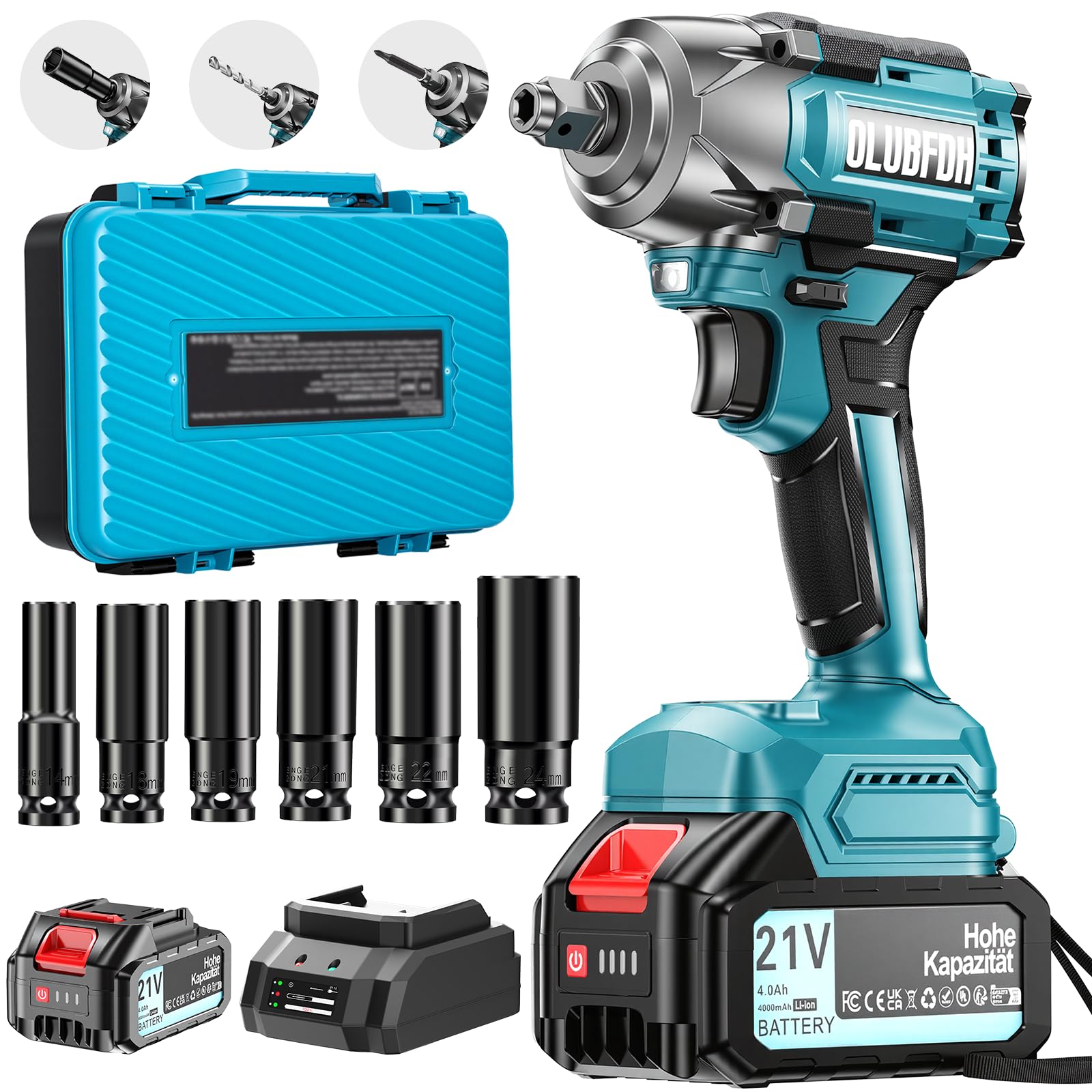 Avvitatore a Impulsi Brushless, 500 Nm Avvitatore a Impulsi a Batteria, 1/2" Trapano a Impulsi Brushless, 3-in-1, con Batterie da 4,0 Ah e Caricabatterie, 6 Bussole