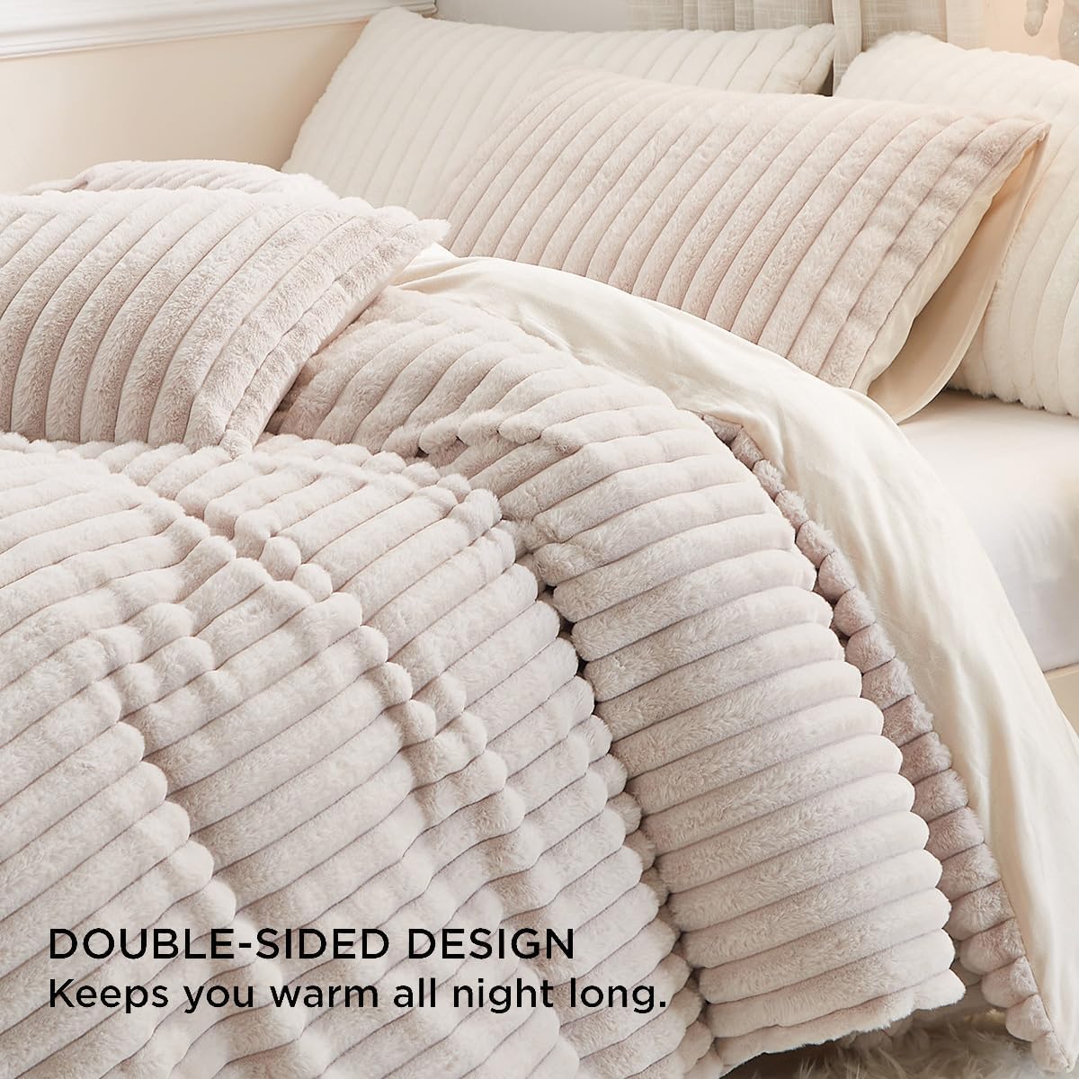 Nayoroom Fluffy Faux Fur Duvet Cover Queen Size Velvet Flannel Beige Striped Reversible Comforter Cover Winter Warm 3 Pcs Luxury Soft Shaggy Plush Fuzzy Bedding Set with Zipper Closure