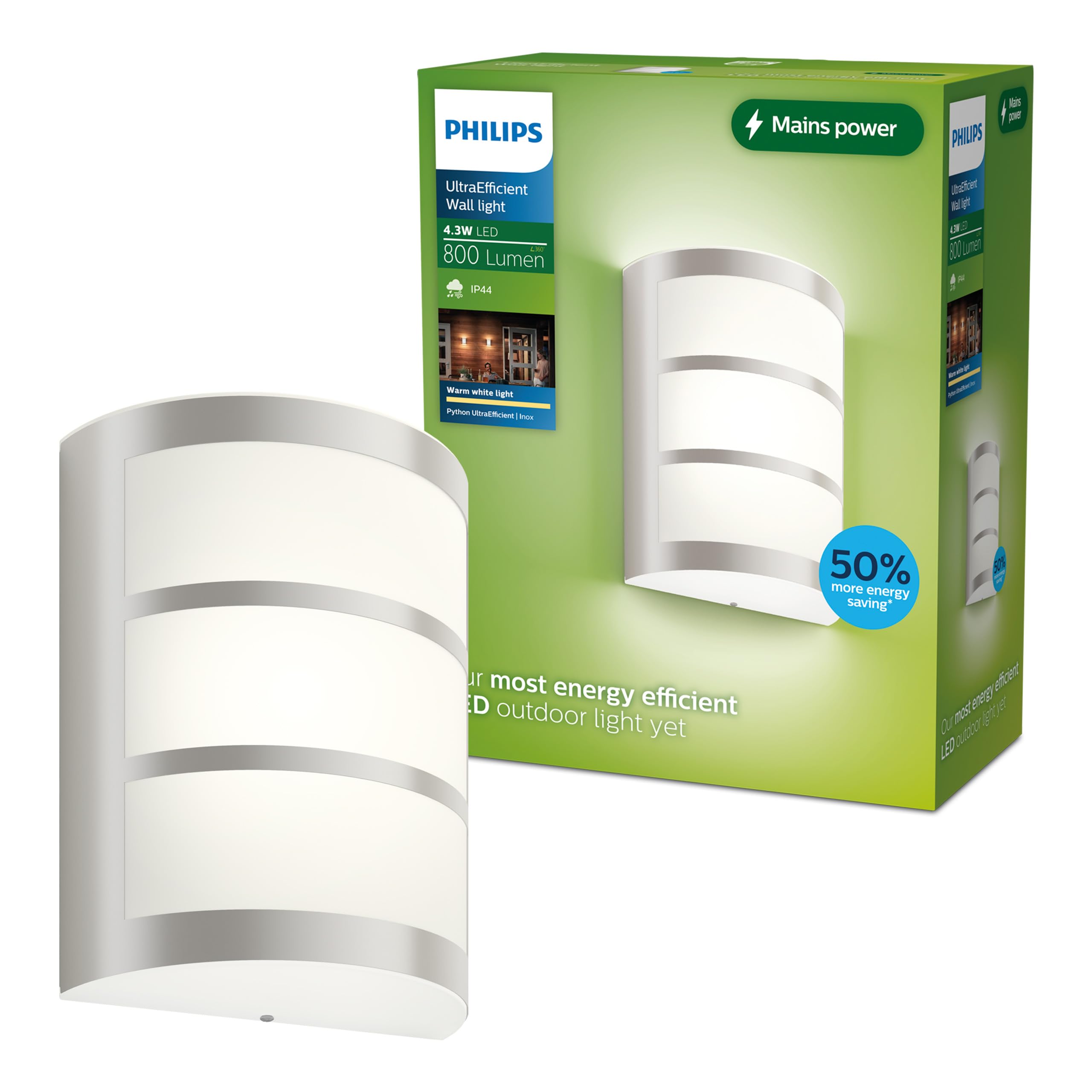 Philips Inox Lighting Python Ultraefficient Outdoor Wall Light, 3.8W, 2700K, Silver, Ip44 Weatherproof, 84 Mm