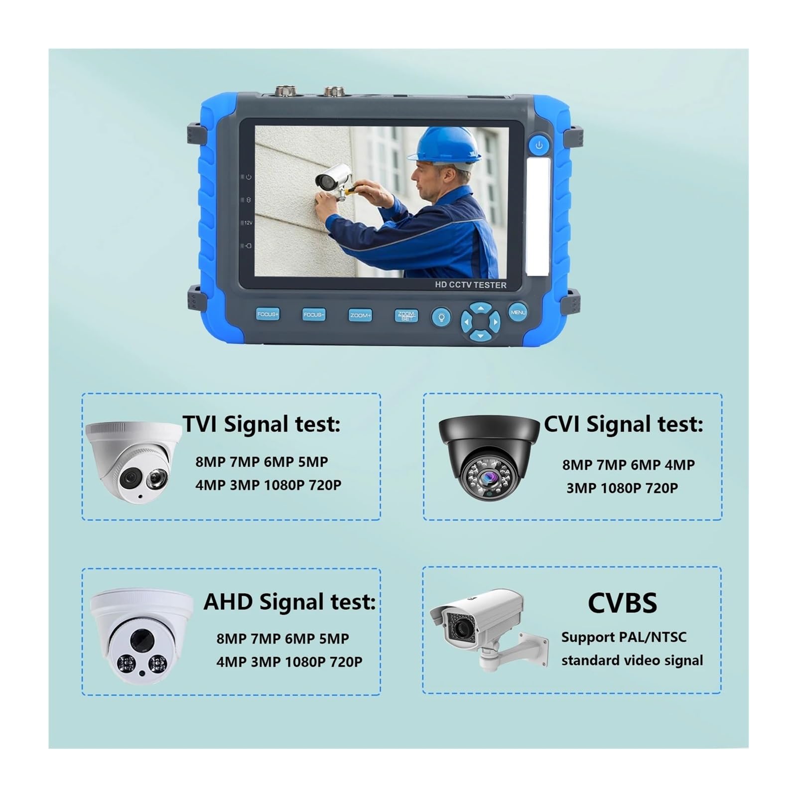 Tester CCTV, Tester for telecamera di sicurezza CCTV coassiale HD da 8 MP AHD TVI CVI CVBS Tester for telecamere di sicurezza alimentato DC12V portatile Tester video da 5 pollici