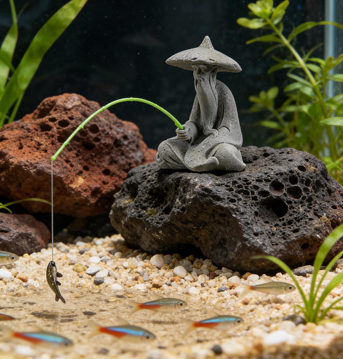 livelyfish Mini Fisherman Statue Asian Zen Decoration Sitting Fishing Figurines Sandstone Vintage Ornament for Aquarium Fish Tank Pot Garden Home Japanese Decor (D2)