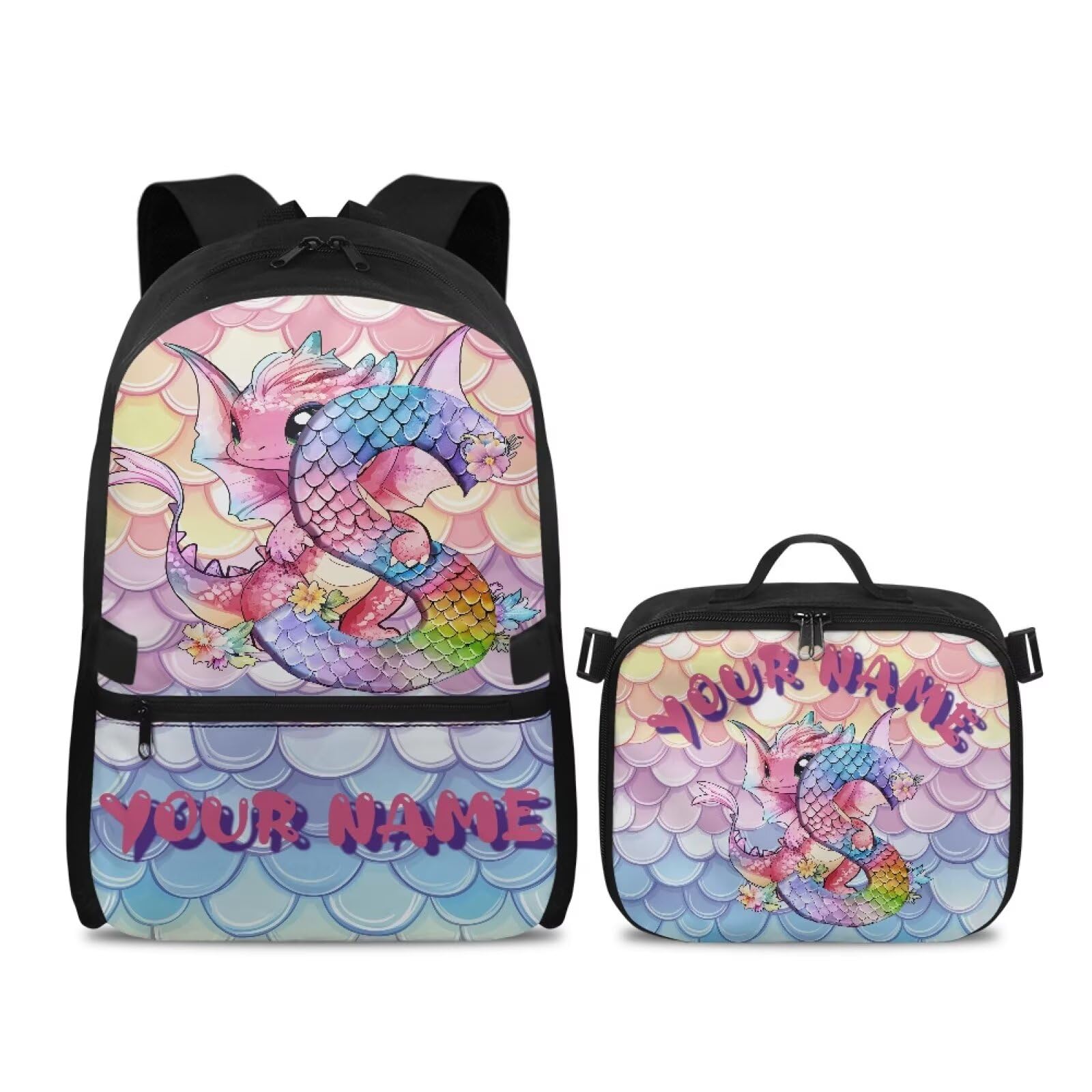 Mochila para niños con nombre personalizado con fiambrera, 2 unidades, preescolar, primaria, personalidad, mochila escolar