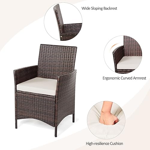 Miniatura 8 de Tangkula Juego de 3 piezas para conversación de patio, sillas de mimbre con parte superior de cristal, mesa de centro cuadrada y cojines, juego de