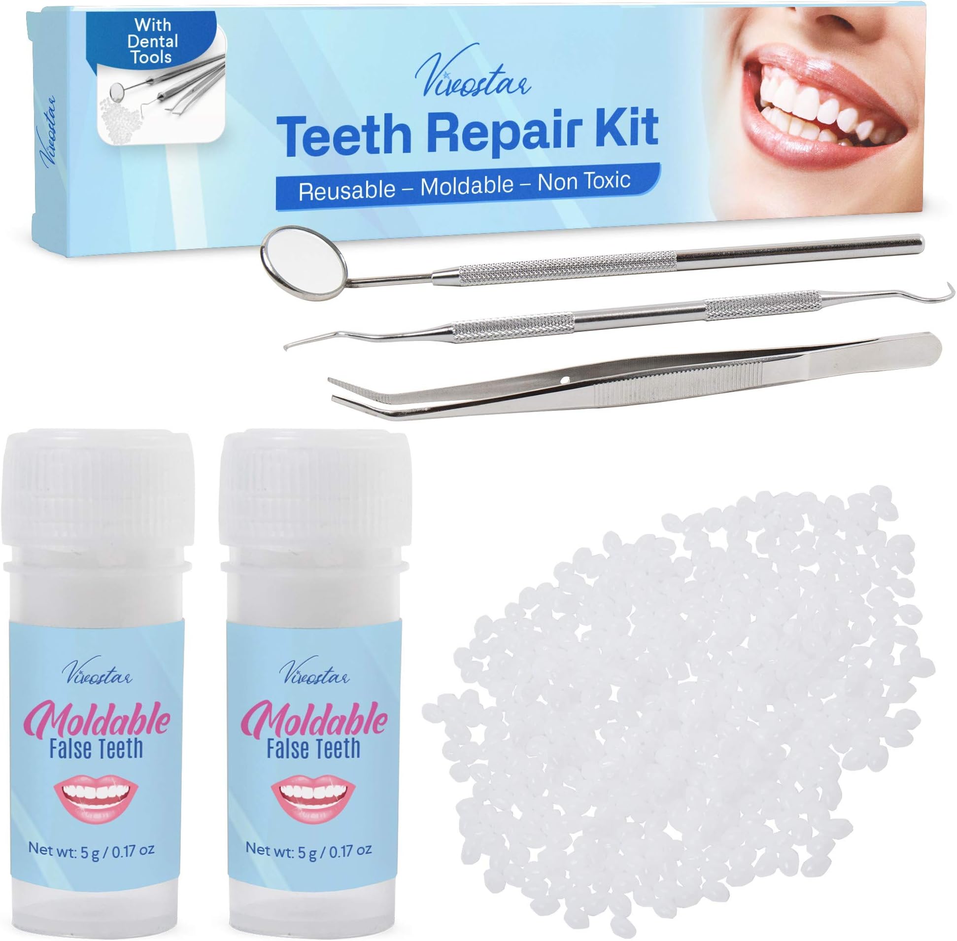 Teeth Repair Kit, Temporary Teeth replacement kit, Moldable False Teeth, Thermal Fitting Beads for Snap On Instant and Confident Smile, with Mouth Mirror, Mouth Tweezer, Dental Probe