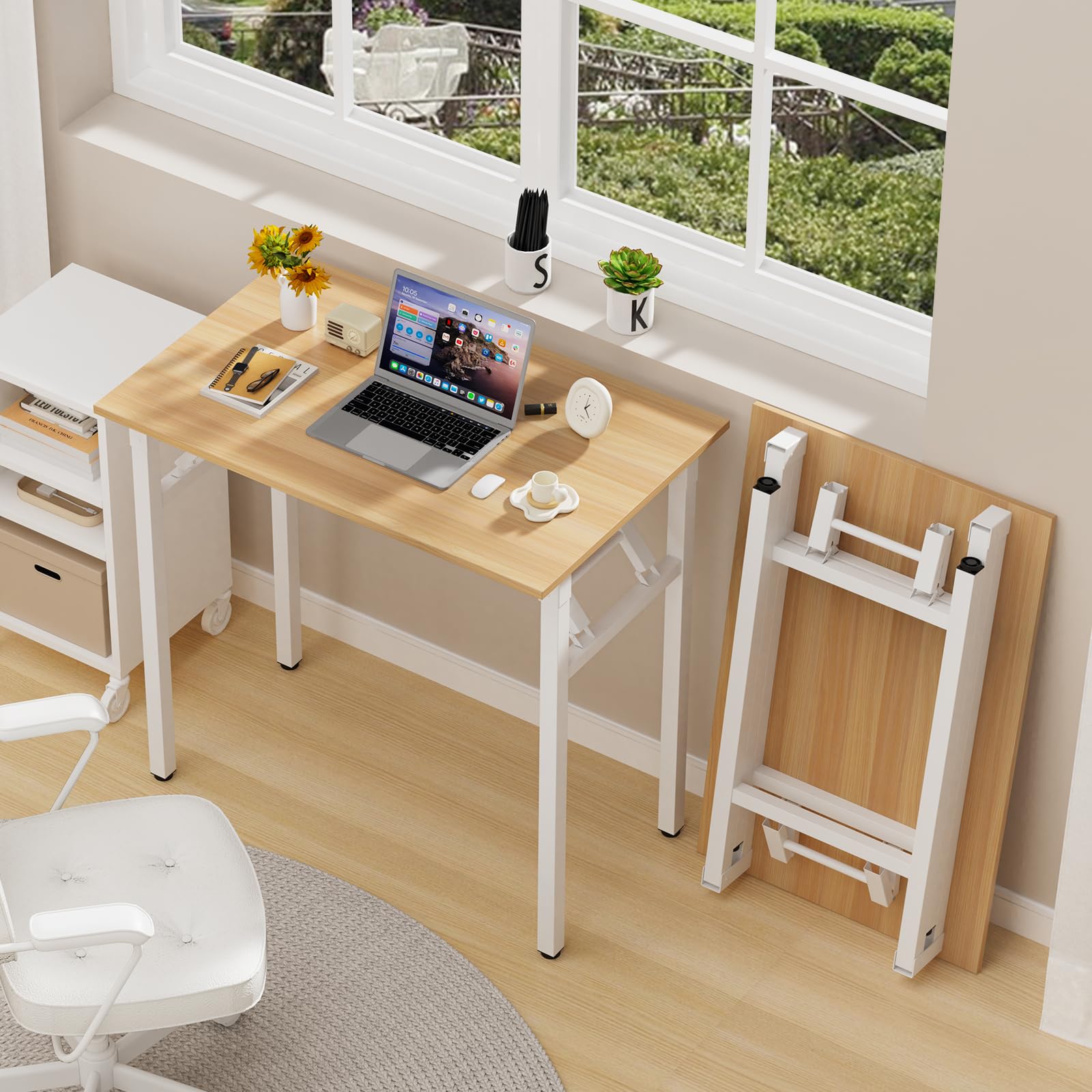 PIPIPOXER Petit Bureau Pliant 80x50x76cm, Table Pliable d'Ordinateur, Cadre en Métal, pour Étudier, Travailler, Chambre, Imperméable, Bois