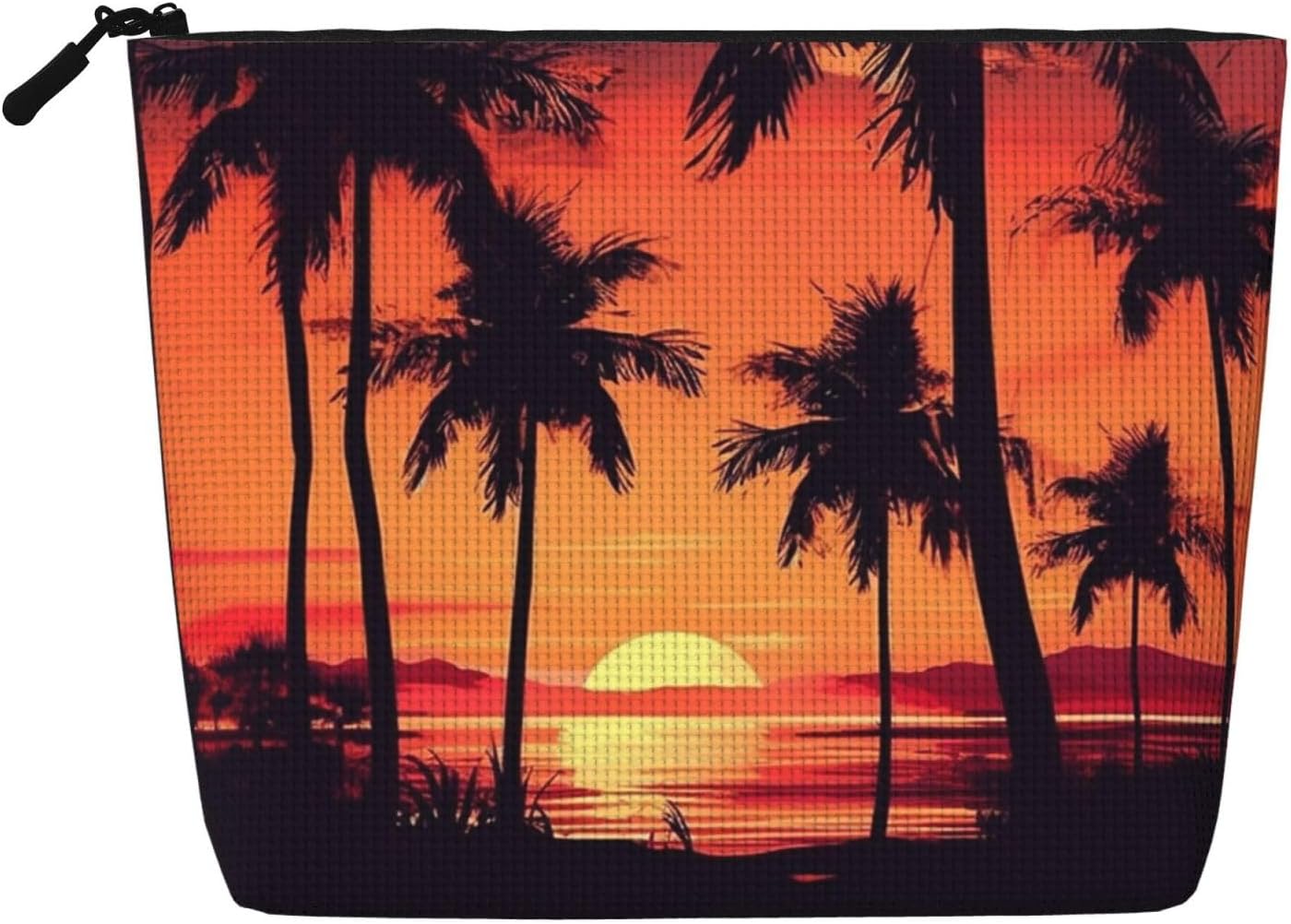 Linen Makeup Bag For Women, Waterproof Travel Cosmetic Organizer Lightweight Zipper Travel Toiletry Bag Organizer Palm Tree Summer Sunset Makeup Brushes Storage Bag