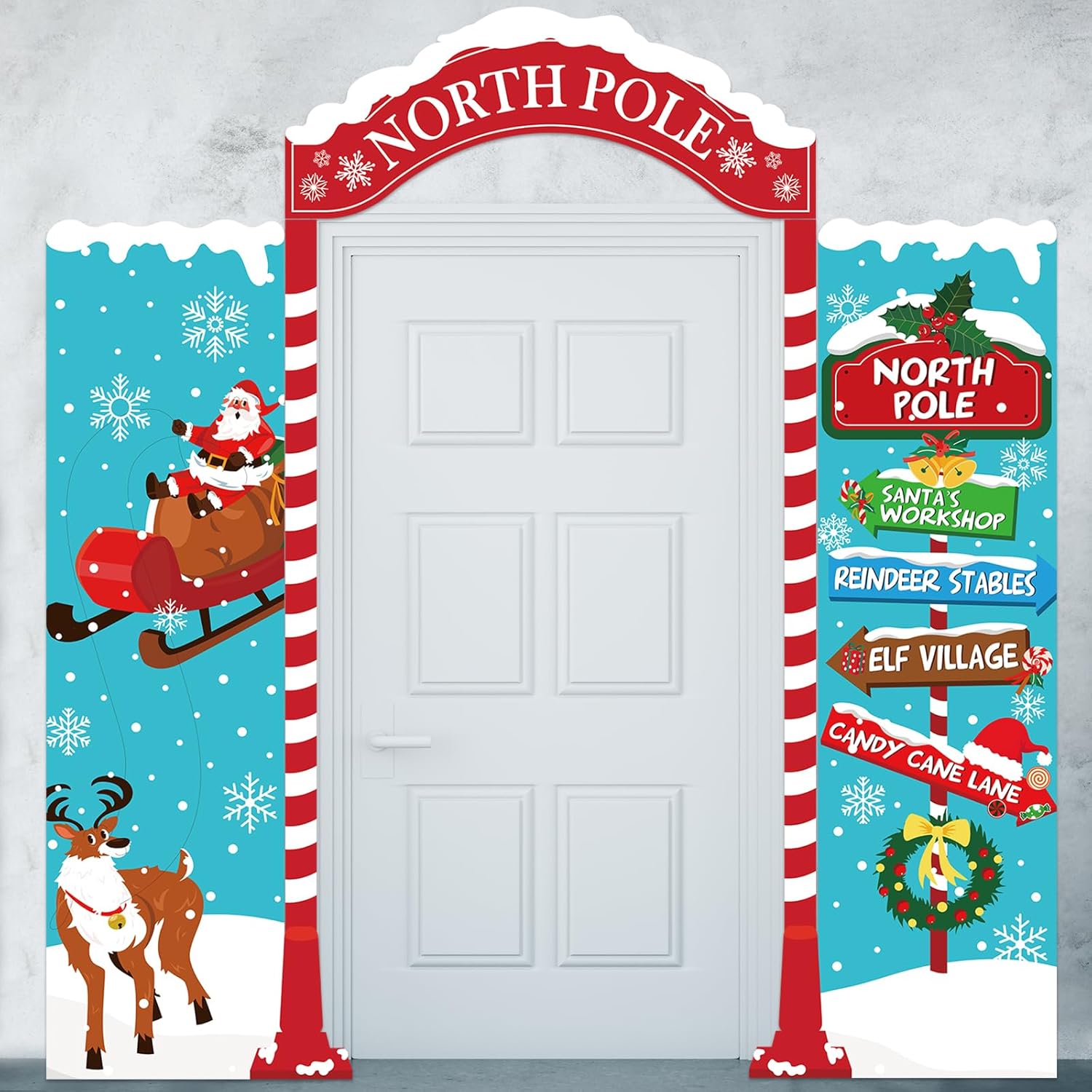 Christmas Door Decoration North Pole Christmas Backdrop Fabric Santa Porch Banner Snowy North Pole Door Cover Directional Sign Hanging Banner Xmas Outdoor Decoration for Winter Holiday Party Decor