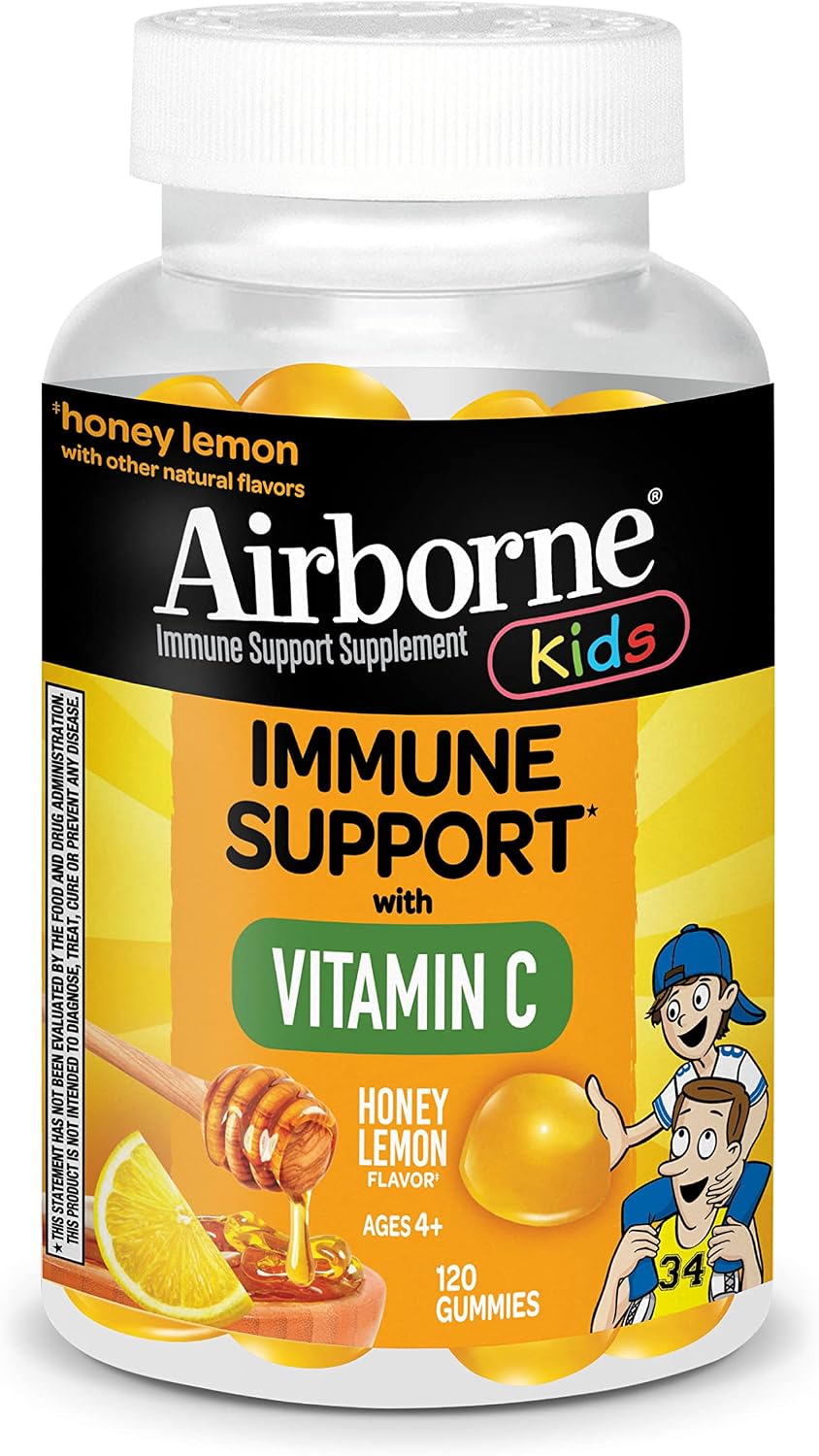 Airborne KIDS 133mg Vitamin C Gummies, Kids Immune Support Zinc Gummies with Powerful Antioxidants Vit C & E - 120 gummies, Honey Lemon Flavor