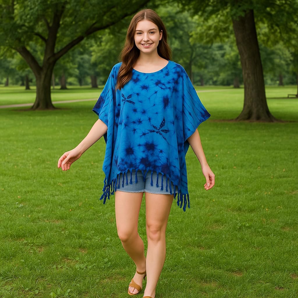 DP Fashion Tie Dye Tunic Poncho Kaftan Caftan Blouse Cover Up Handmade Plus size (blue)