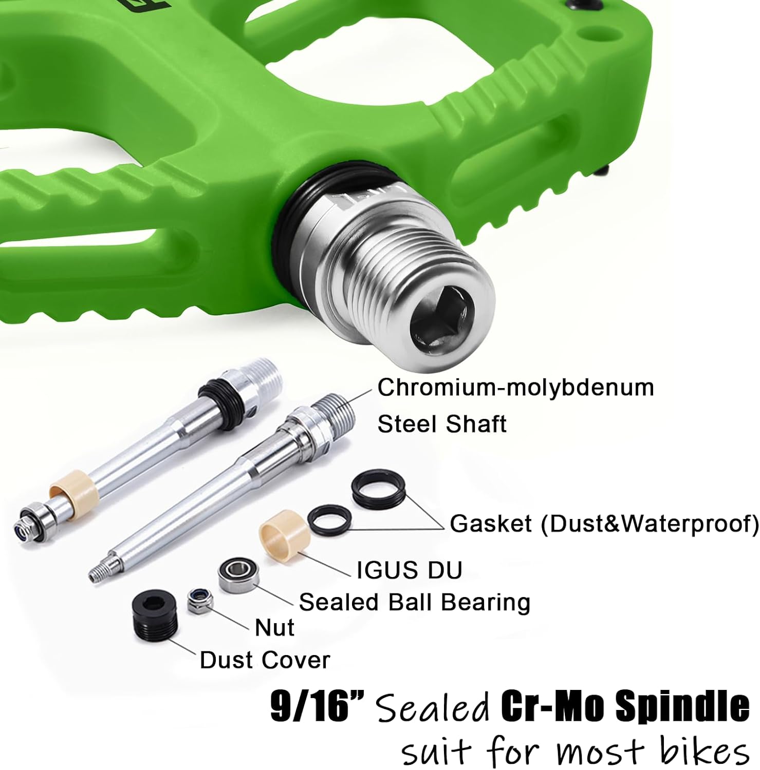 MTB Pedals Flat Mountain Bike Pedals Adult, Light and Wide Nylon Composite Bicycle Platform Pedal w Grippy Pins, 9/16" Cr-Mo Spindle 2 Bearings, Clipless Pedals for BMX Gravel Road E.Bike 9/16"