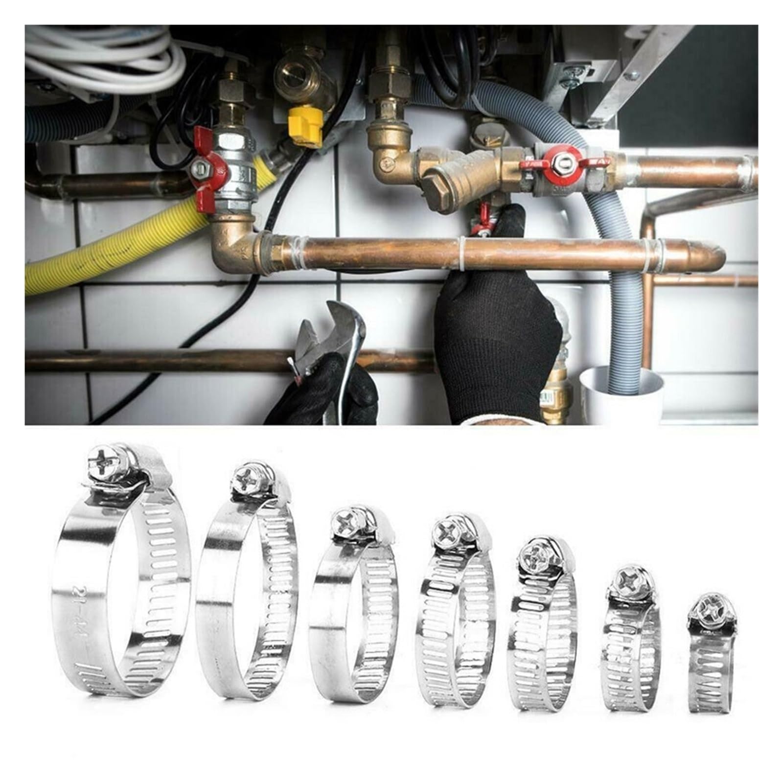 Abrazadera de manguera ajustable de 8-44mm, engranaje de tornillo sin fin, conjunto con rizador, abrazadera de manguera de combustible for tubería de agua, fontanería, mecánica automotriz, 91 Uds.