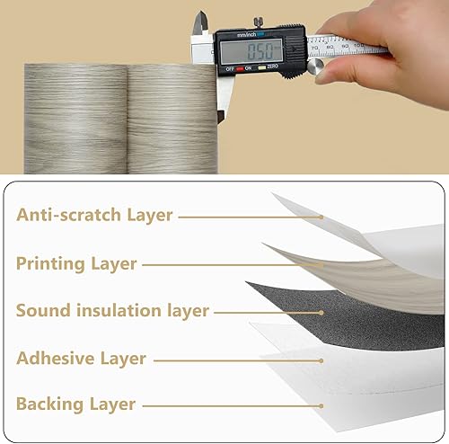 Miniatura 2 de WIFEA Rollo de vinilo de 64 pies cuadrados, azulejos de vinilo autoadhesivos de grano de madera, resistentes al desgaste e impermeables, castaño gris