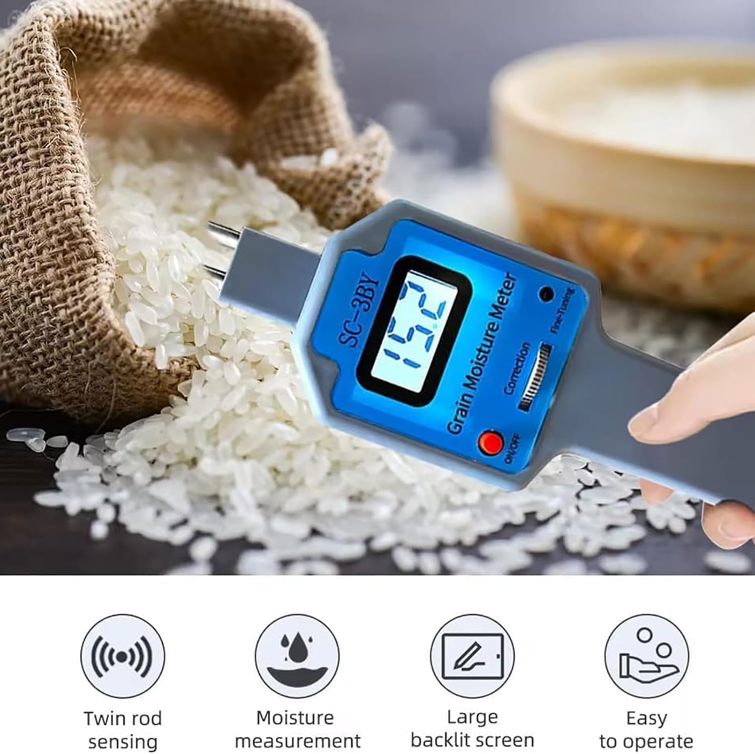 Medidor Digital De Humedad De Harina, Medidor De Humedad De Grano, Probador Humedad, Sonda Doble Humedad Alta Precisión 0,3, Conducción Capacitiva, Con Pantalla Retroiluminada, Rango Medición 5