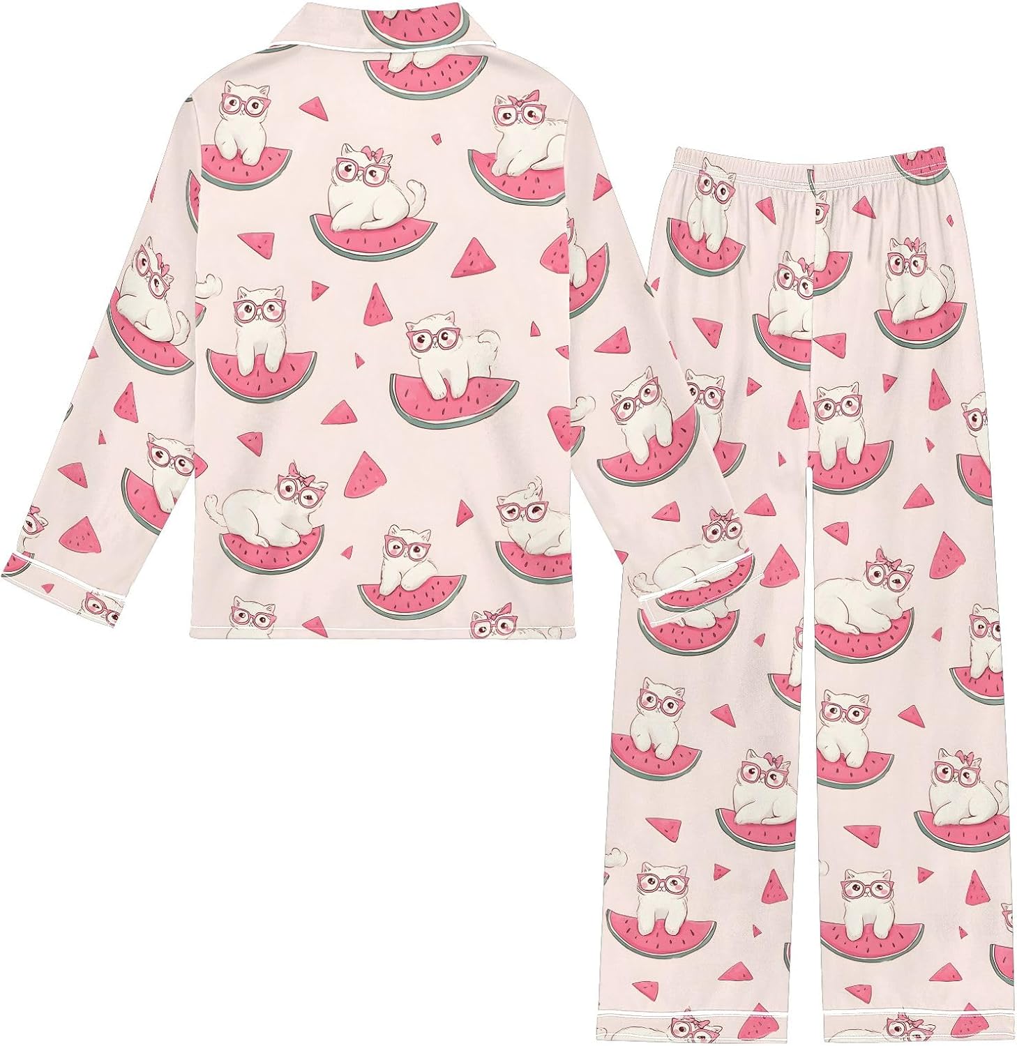 Kids Casual Satin Wear Set Cat Watermelon Pink Pattern Unisex Relaxed Fit Clothing