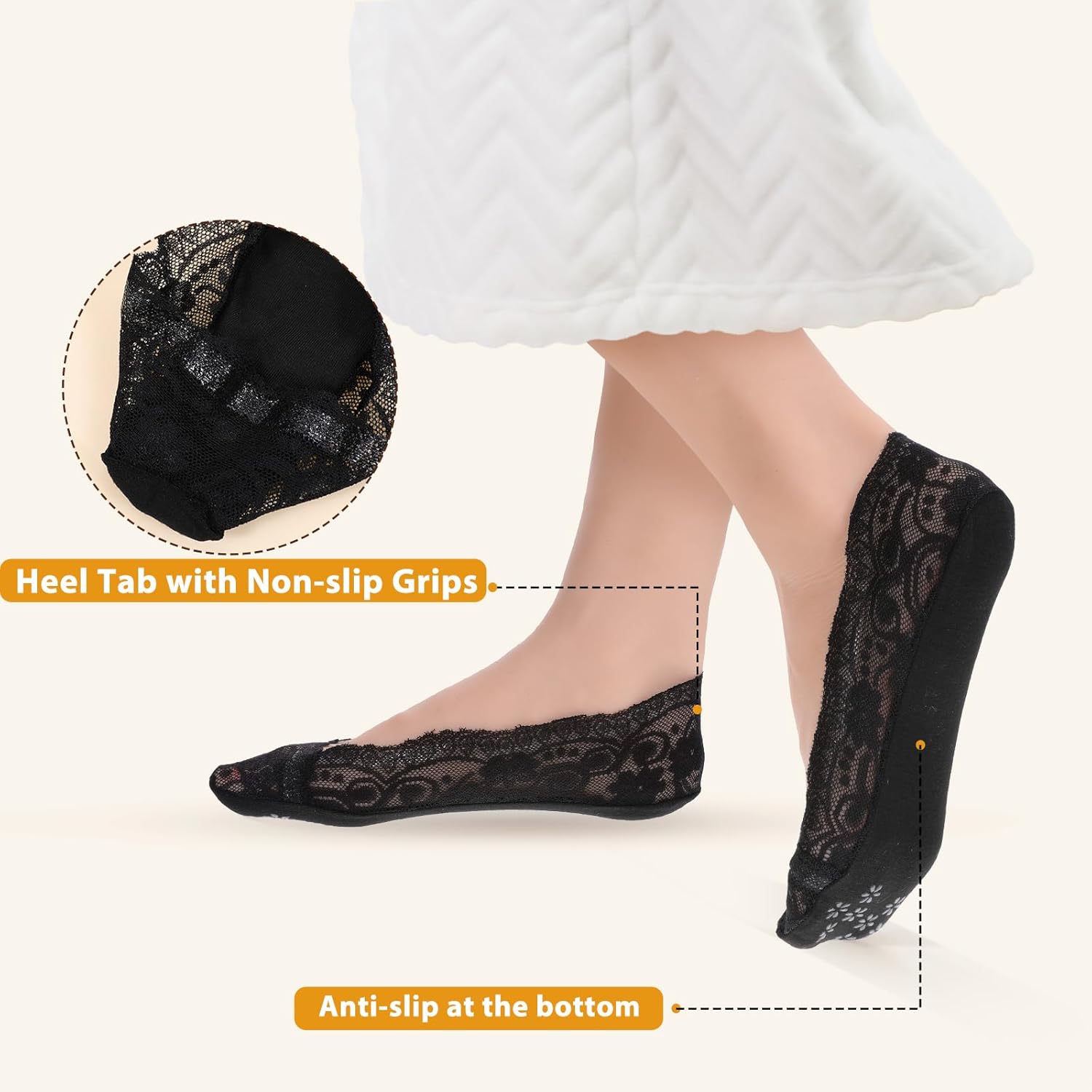 6 Pairs Black Lace Socks Women No Show Non Slip Socks Low Cut Invisible Thin Sock Fashion Liner No Show Sock for Women with Flats, Pumps - Image 3