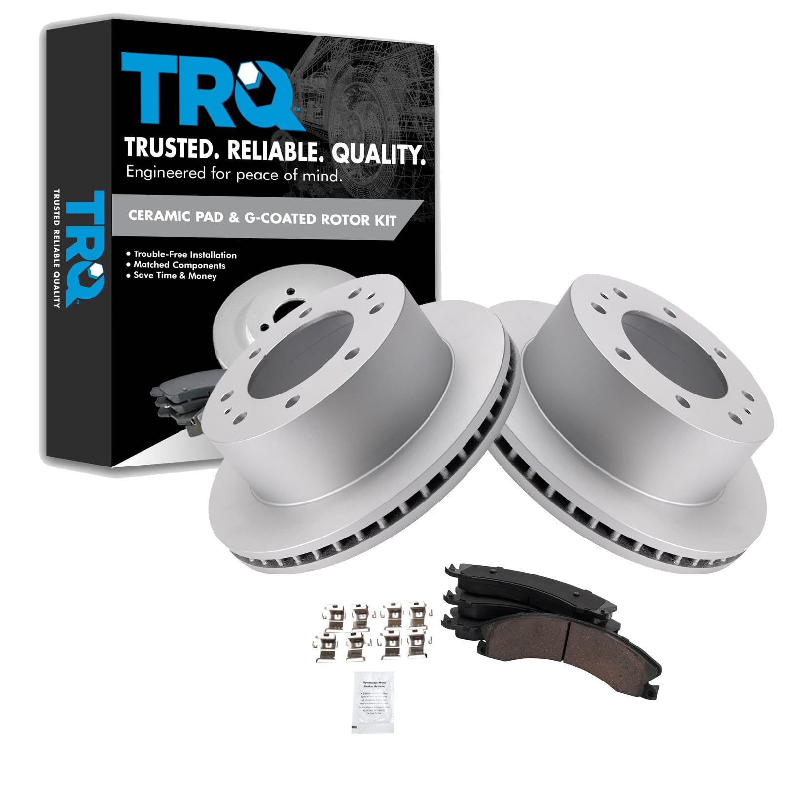TRQ Rear Ceramic Brake Pad &amp; Coated Rotor Kit Compatible with Chevy GMC 2500 3500 Truck