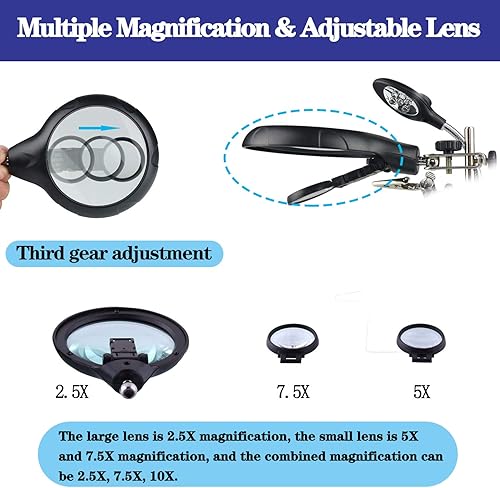 Miniatura 3 de Beileshi 25 x 75 x 10 x luz LED que ayuda a manos con lupa de ayuda soporte de lupa con abrazadera auxiliar y clips de cocodrilo