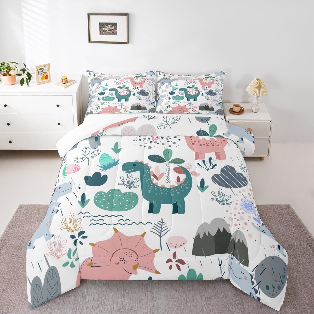 Feelyou Pink Green Dinos Comforter Set Twin Size, Dinosaur Bedding Set for Kids Lovely Cute Animals Comforter Kawaii Cartoon Jungle Animals Duvet Set Quilt Set 2Pcs Twin Size