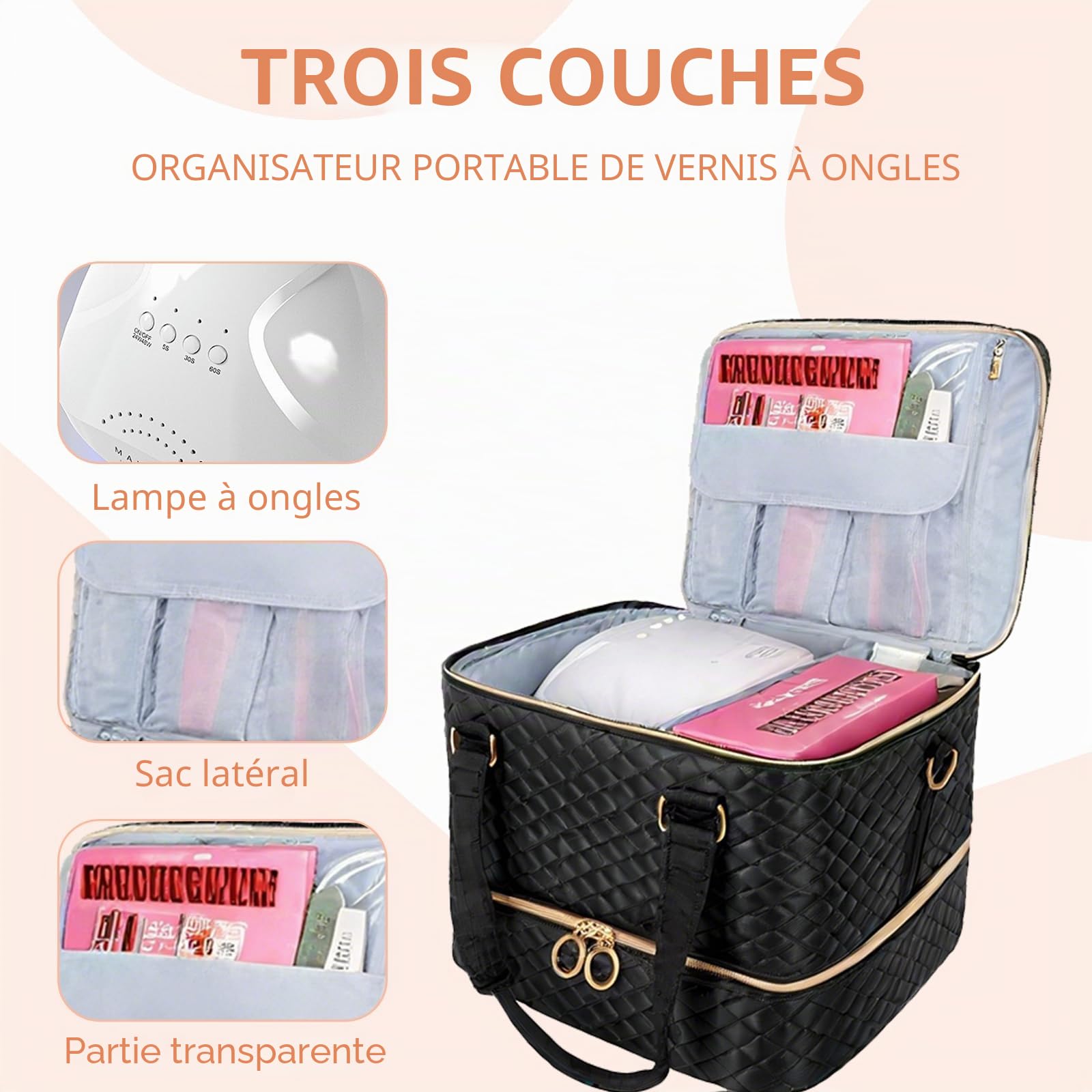 Organisateur pour Vernis à Ongles, 3 Étages, Sac de Rangement pour 84 Flacons, Lampe LED, Noir